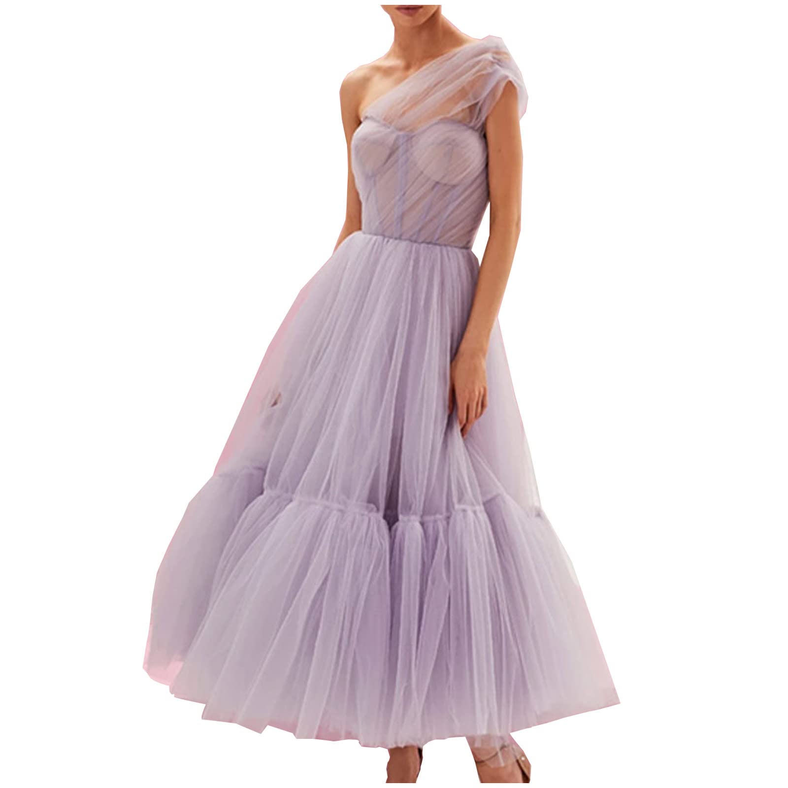 Elegant One Shoulder Tulle Gown for Women - Beach Wedding Guest Dress 2022 | Flowy Mesh Maxi Dress with Sheer Ruffle Details | Perfect for Summer Weddings, Beach Parties & Formal Occasions