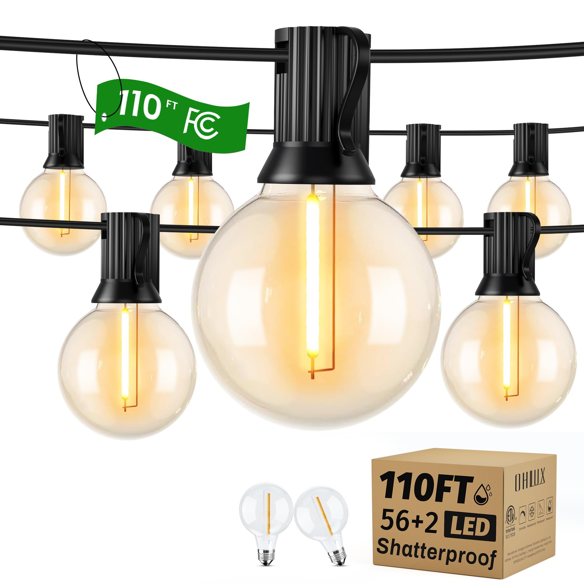 OHLUX 110FT Outdoor String Lights - 58 G40 Shatterproof 2200K Dimmable LED Bulbs (Includes 2 Spare) - Waterproof Hanging Lights for Backyard, Patio, Deck, Porch, Cafe - Perfect for Outdoor Parties, Weddings & Evening Ambiance (110FT*1 Strand)