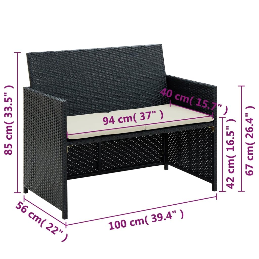 2 Seater Patio Sofa with Cushions - Black Poly Rattan Outdoor Furniture Set for Garden, Balcony, Poolside - Weather Resistant & Comfortable (Black 10.6g)