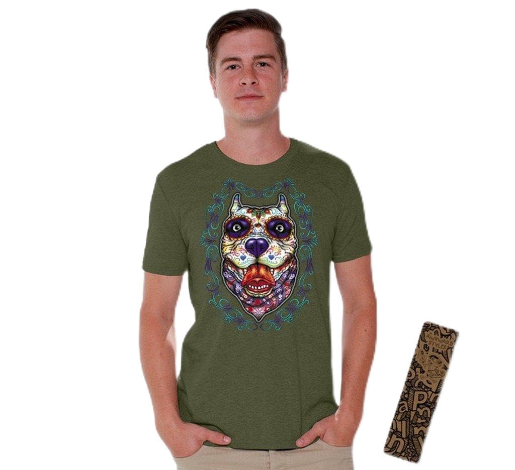 Pitbull Skull T-Shirt with Floral Sugar Skull Design - Gothic Punk Style Dead Shirt for Men & Women | Includes Free Bookmark Gift | Perfect for Halloween, Concerts, and Biker Events
