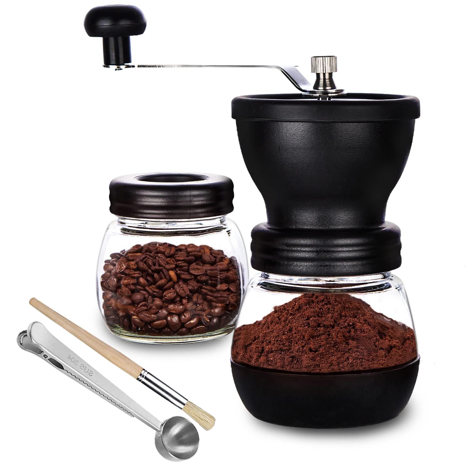 Premium Manual Coffee Grinder with Ceramic Burr - Hand Crank Coffee Mill with 2 Glass Jars (11oz Each) & Stainless Steel Handle - Perfect for Espresso, French Press, Turkish Coffee & Pour Over - Ideal for Home, Office & Camping Use