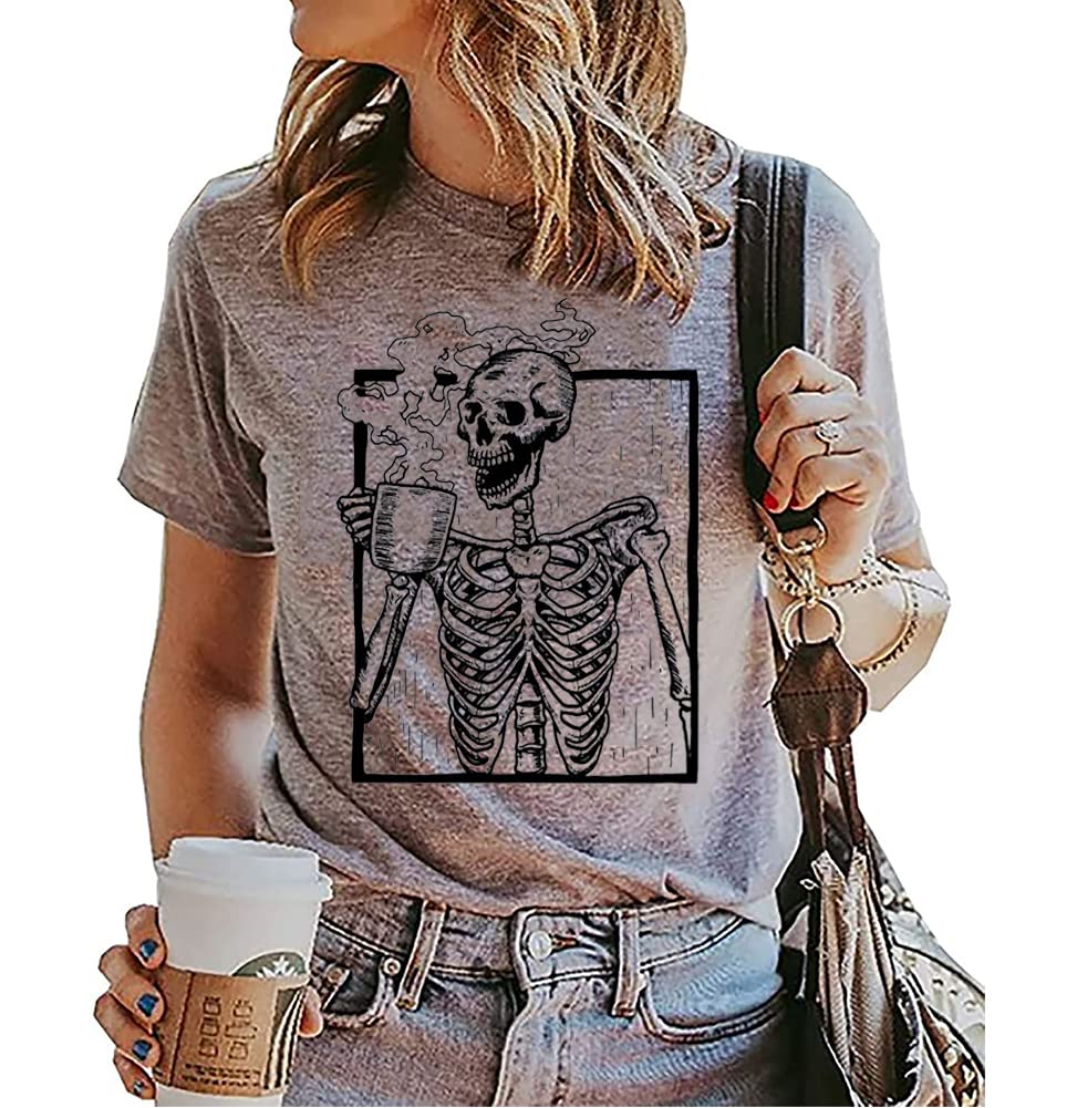 Funny Skeleton Graphic T-Shirt for Women - Halloween Coffee Skull Tee - Casual Short Sleeve Fall Top - Perfect for Halloween Parties, Coffee Lovers & Everyday Wear