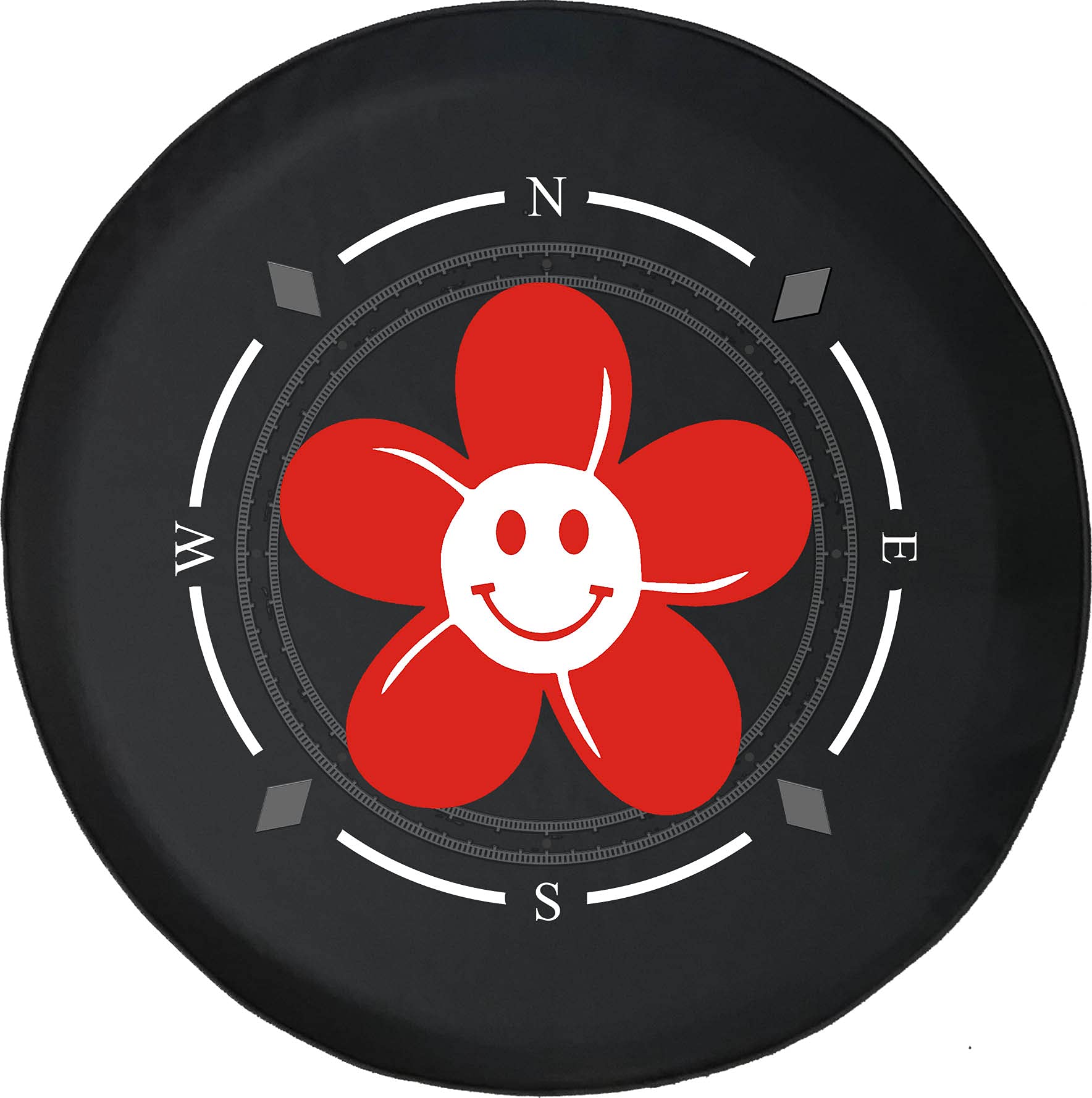 American Unlimited Spare Tire Cover with Compass Design - Happy Smiling Red Flower Wheel Cover for SUV, Trailer, RV Accessories | Universal Fit for Most Vehicles | Perfect for Off-Road Adventures & Camping Trips