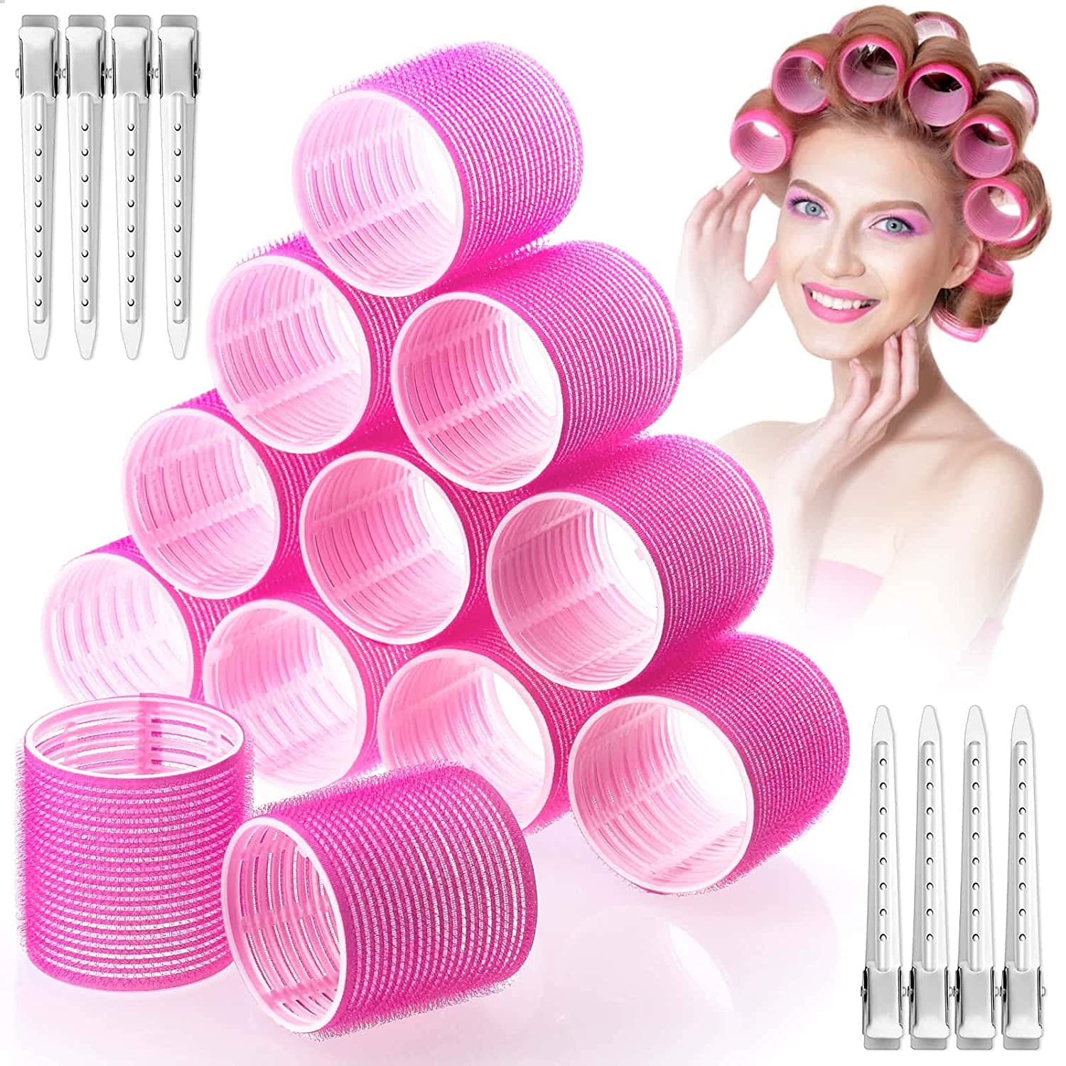 APOEM 6PCS Self-Grip Hair Rollers Set with 12 Stainless Steel Duckbill Clips - Large Hair Curlers for Women & Girls - Perfect for Salon-Quality Styling at Home, Parties & Special Occasions