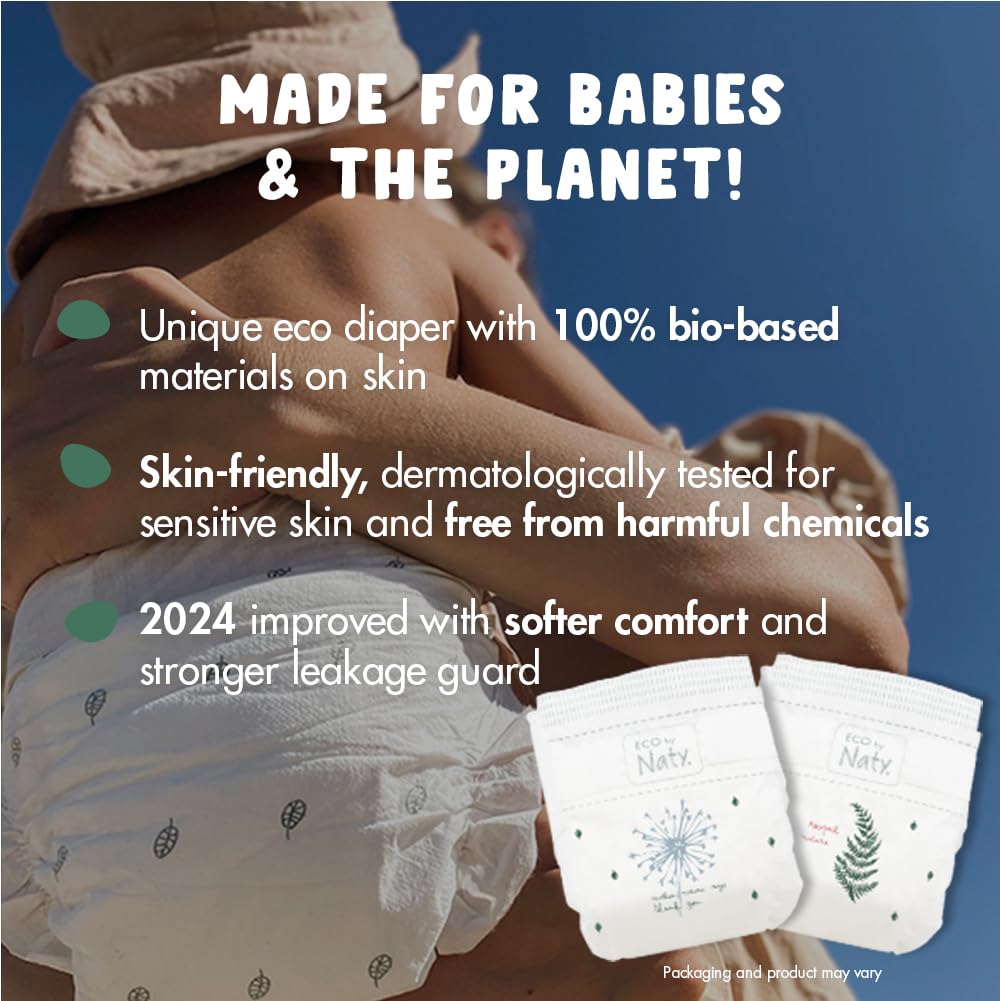 Eco by Naty Eco-Friendly Baby Diapers - 100% Plant-Based, Hypoallergenic & Super Absorbent for Sensitive Skin (Size 6, 102 Count) | Gentle, Soft & Biodegradable for Newborns & Toddlers | Perfect for Daycare, Travel & Overnight Use