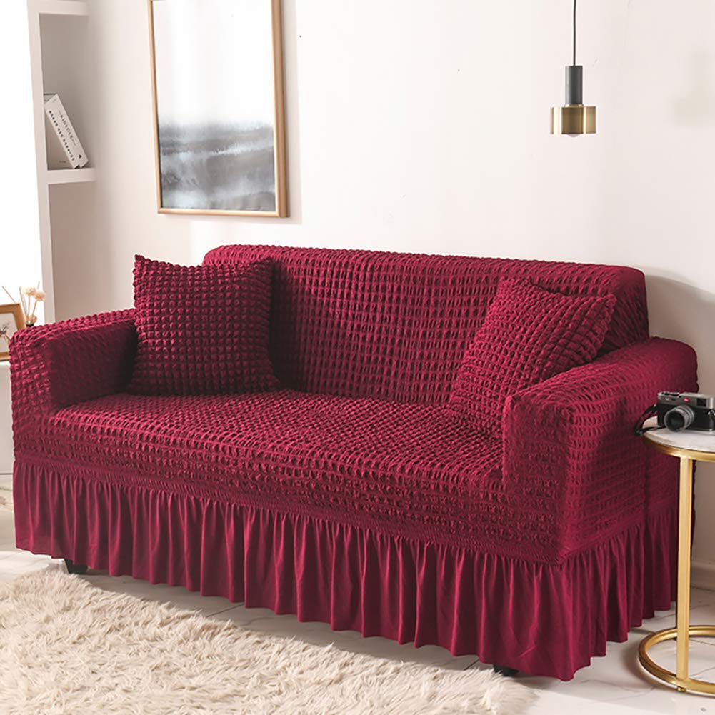 Stretch Sofa Slipcover with Skirt - Popcorn Plaid Jacquard Couch Cover for 1, 2, 3, 4 Seater & Sectional Sofas - Loveseat Protector (93-118 Inch) - Spill & Stain Resistant for Red Wine, Pets & Daily Use - Perfect for Living Room, Family Room & Home Decor