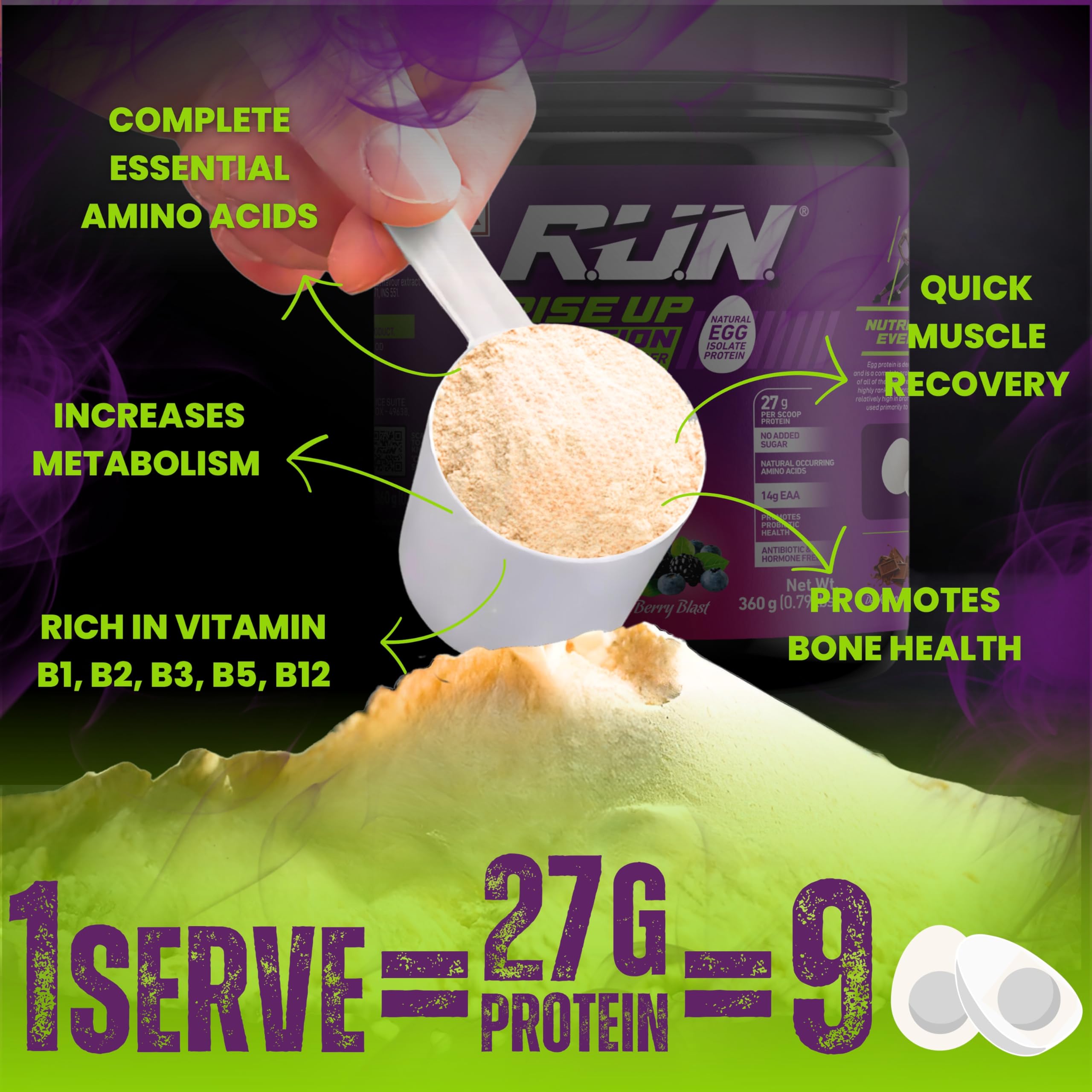 R.U.N-RISE UP NUTRITION Egg White Protein Powder - 27g Protein & 14g EAA per Serving | Lactose, Soy & Gluten Free | Supports Immunity & Muscle Recovery | Ideal for Athletes, Gym & Fitness Enthusiasts | Kesar Elaichi Flavor - 1kg | Perfect for Post-Workout Shakes & Healthy Smoothies