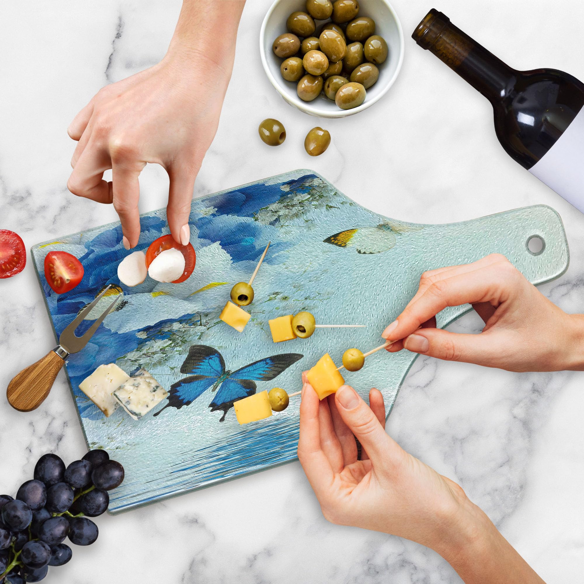 Ambesonne Floral Cutting Board - Blue and White Wild Flowers with Monarch Butterflies, Lily Therapy Zen Spa Art Prints - Decorative Tempered Glass Serving Board in Wine Bottle Shape, Pale Blue - Perfect for Kitchen, Dining, and Gift Giving