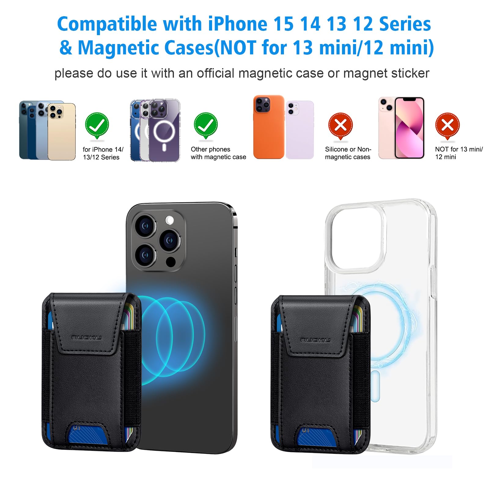Premium Genuine Leather Magnetic Phone Wallet for iPhone 15/14/13/12 Series | Magsafe Compatible Wallet with RFID Blocking & Privacy Flap | Holds 6 Cards (Excludes 13 Mini/12 Mini) | Perfect for Everyday Carry, Travel & Contactless Payments