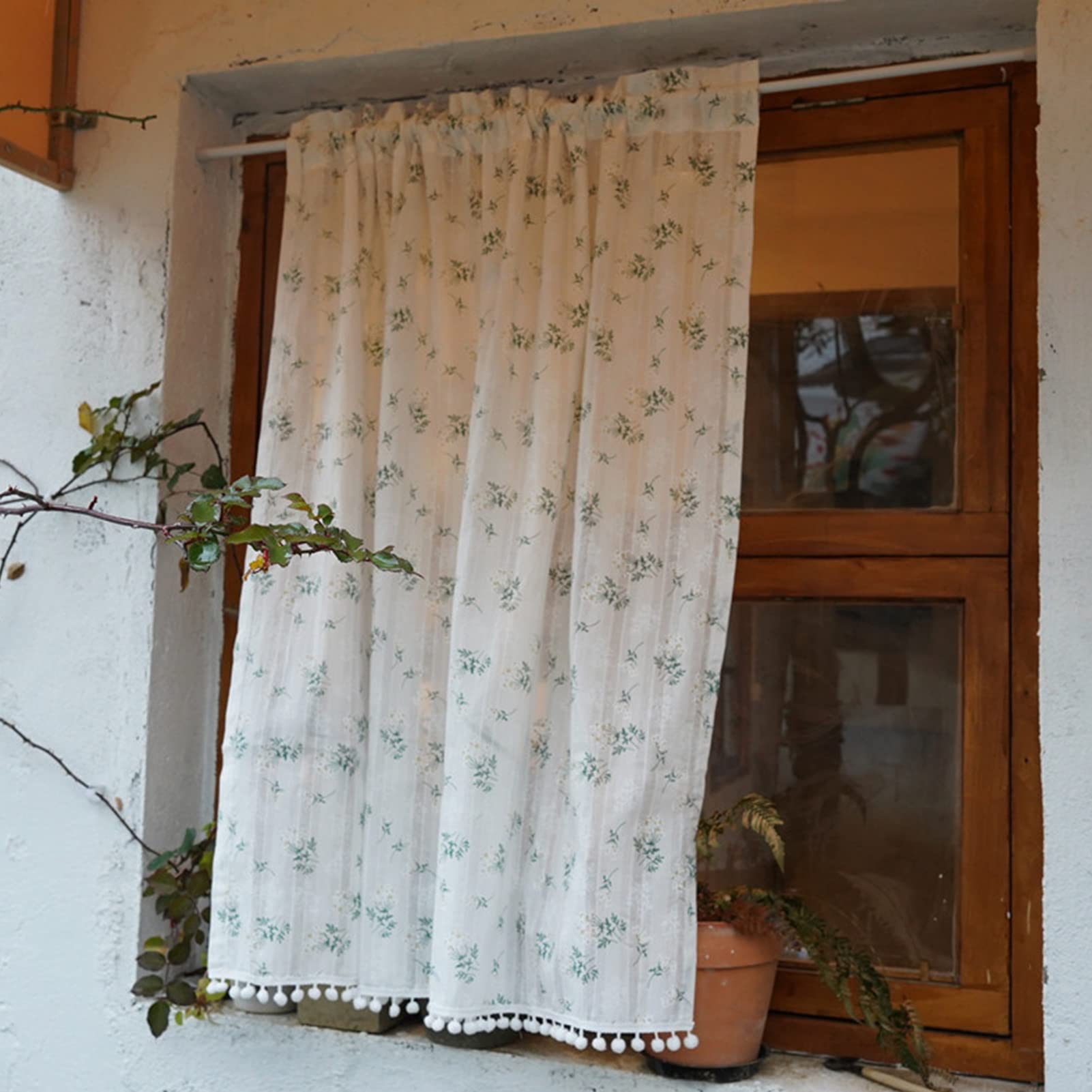 Country Style Lilac Cotton Cafe Curtains - Small Pompom Drapes for Kitchen, Bistro & Restaurant Windows (140x40cm) | Rustic Farmhouse Decor, Perfect for Coffee Shops & Cozy Home Kitchens