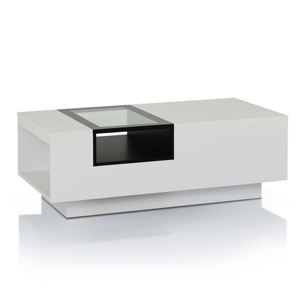Modern Rectangle Coffee Table with Storage - White & Black Wooden Furniture for Living Room & Office - Matte Finish with Glass Window Shelf & 2 Open Shelves - Perfect for Small Spaces, Home Decor & Entertaining Guests