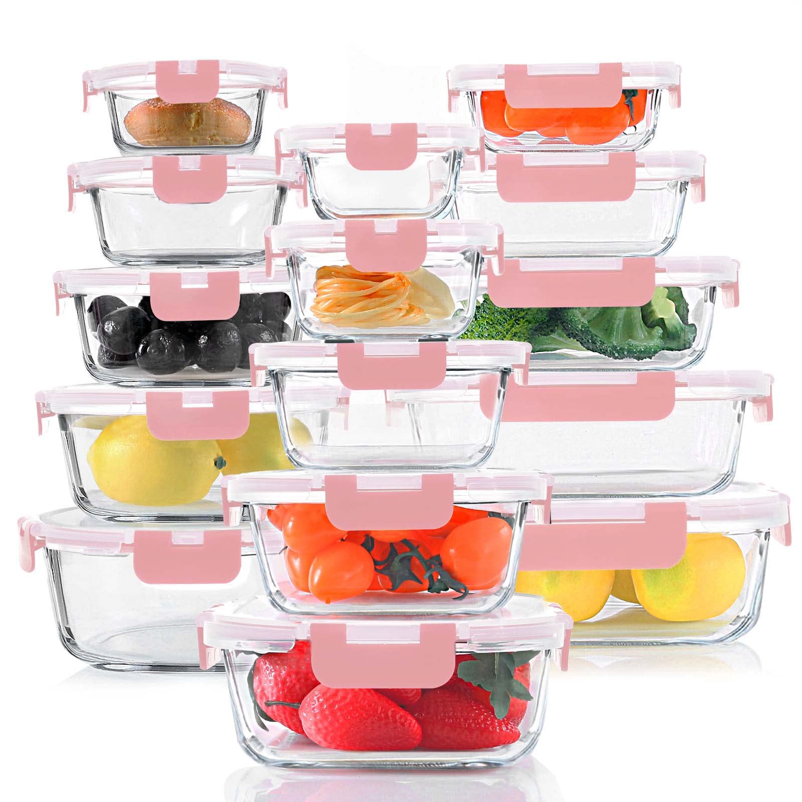 30-Piece Glass Food Storage Containers Set with Snap-Lock Lids - Airtight Meal Prep & Lunch Containers for Microwave, Oven, Freezer & Dishwasher Safe (Pink) - Perfect for Meal Prepping, Leftovers & Office Lunches