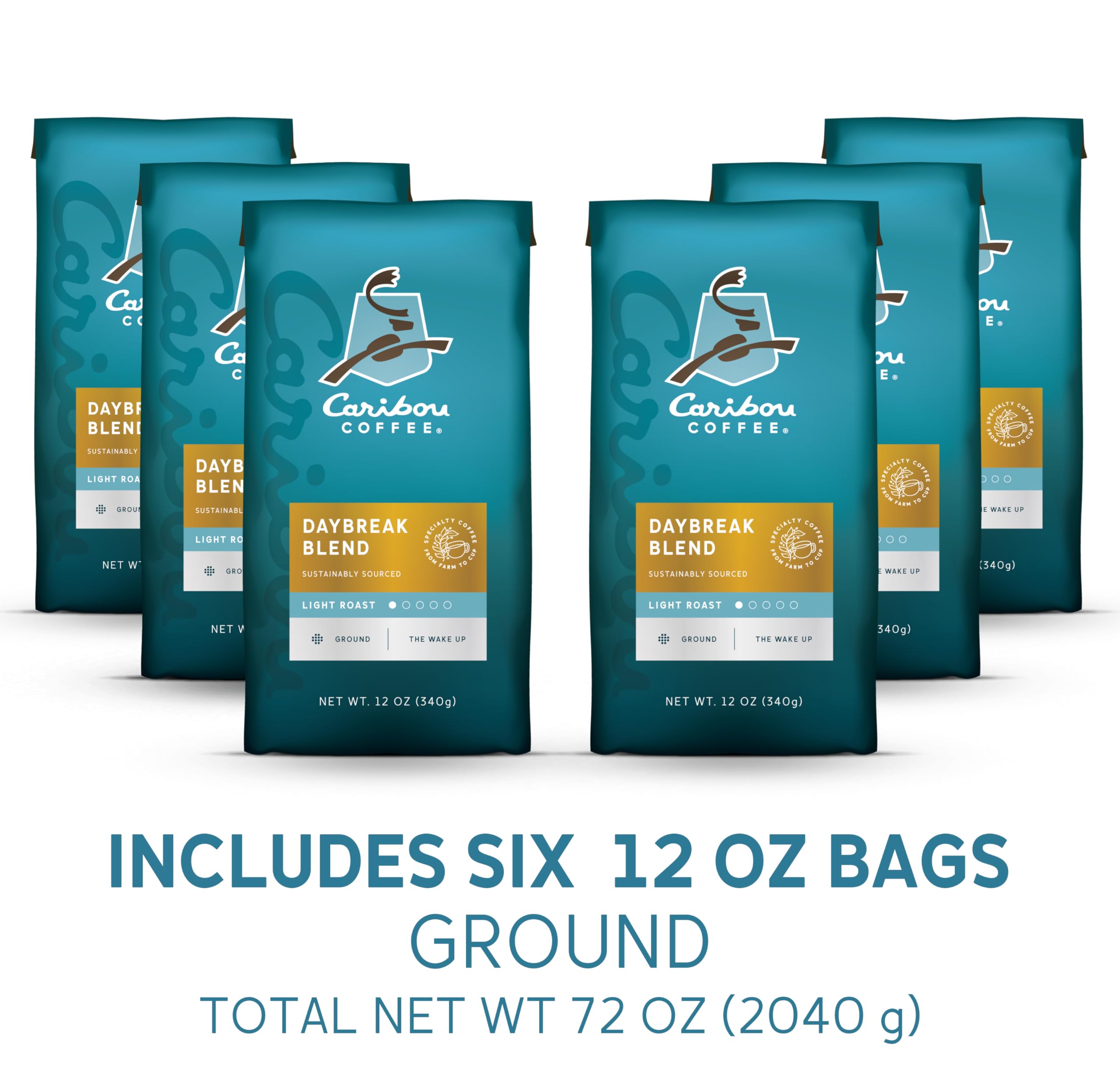 Caribou Coffee Light Roast Ground Coffee - Daybreak Blend 72oz (6x12oz Bags) | Smooth & Balanced Breakfast Blend | Perfect for Morning Brewing, Office Coffee & Gift Giving