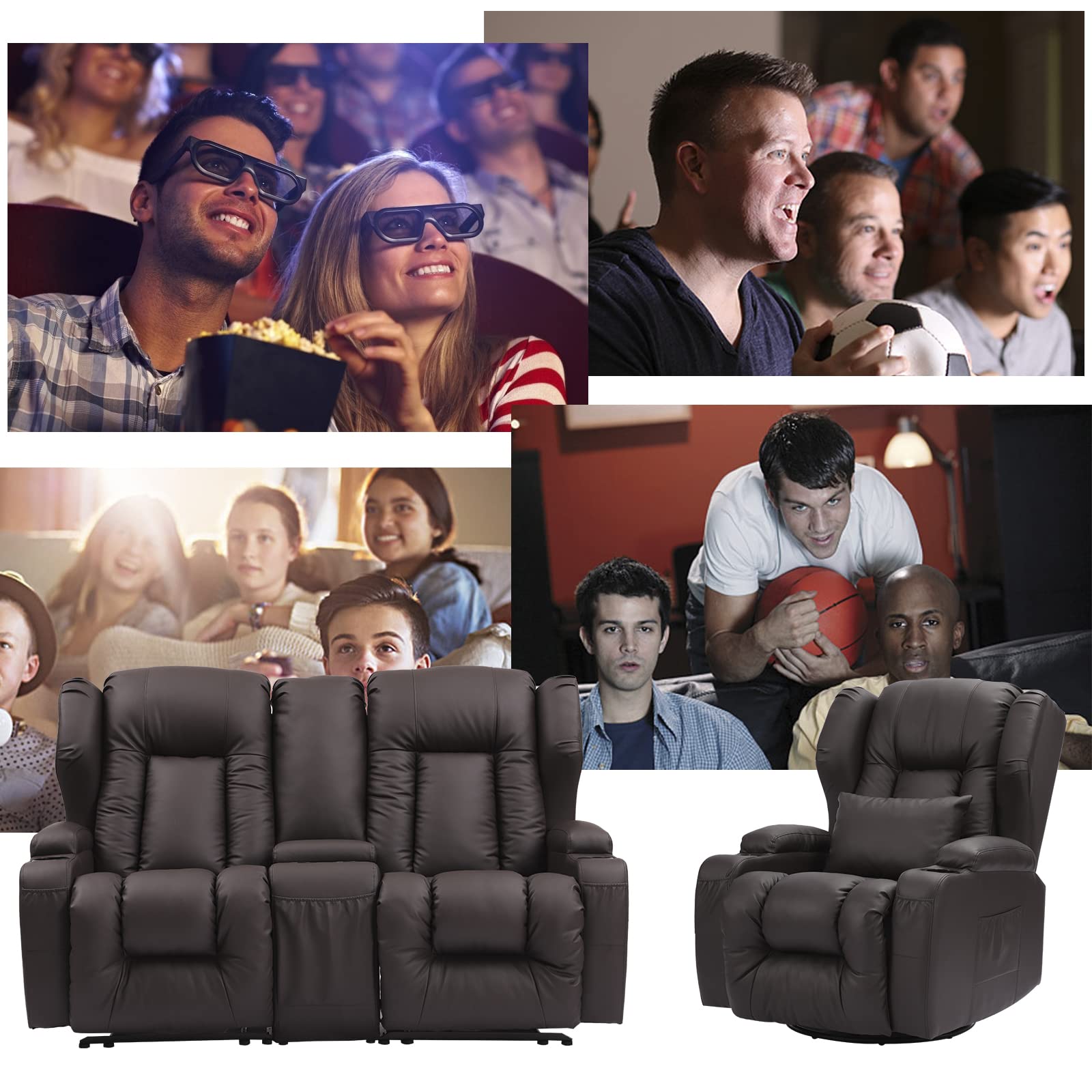 IPKIG 2-Piece Motion Sofa Loveseat Recliner Set with Manual Reclining, Center Console & Cup Holders - Brown Living Room Furniture for Home Theater, Office & Family Room