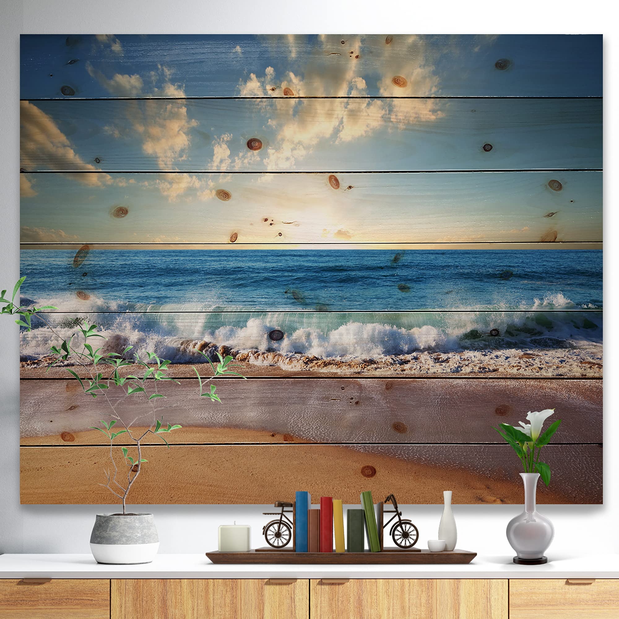 DesignQ Sea Sunset Nautical Coastal Wood Wall Art - Blue Beach Decor Large Pine Wood Wall Panels for Living Room, Bedroom & Coastal Home Decor