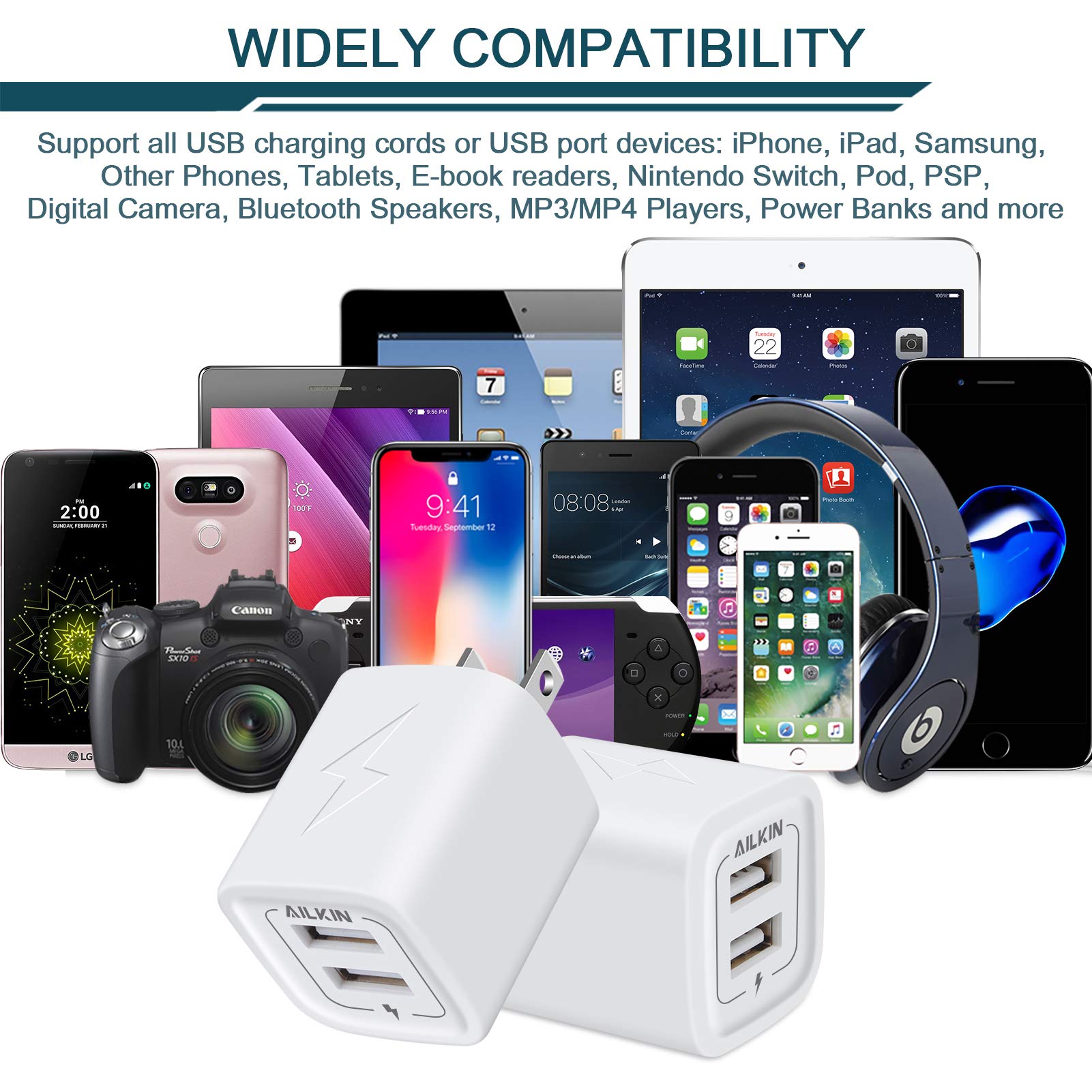 2.1A Dual Port USB Wall Charger Fast Charging Adapter - Compatible with iPhone, Samsung Galaxy, Google Pixel, Moto, LG, Kindle, Tablet & Camera - Compact Travel Charger for Home, Office & Car Use