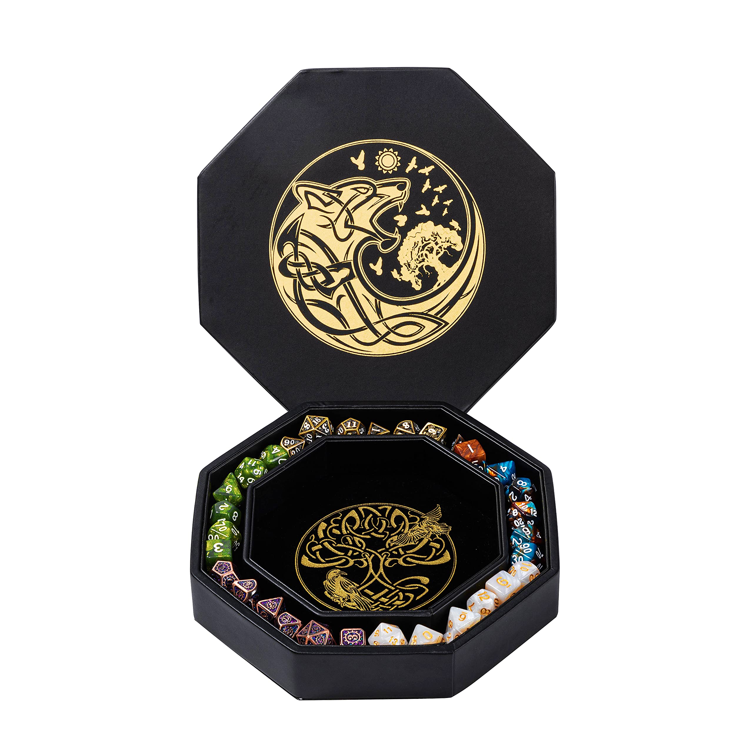 Premium 8 Inch DND Dice Tray for Dungeons & Dragons - Exquisite Gold World Tree & Wolf Raven Design - Perfect for Dice Rolling & Storage - Ideal for D&D, RPG Games & Tabletop Adventures