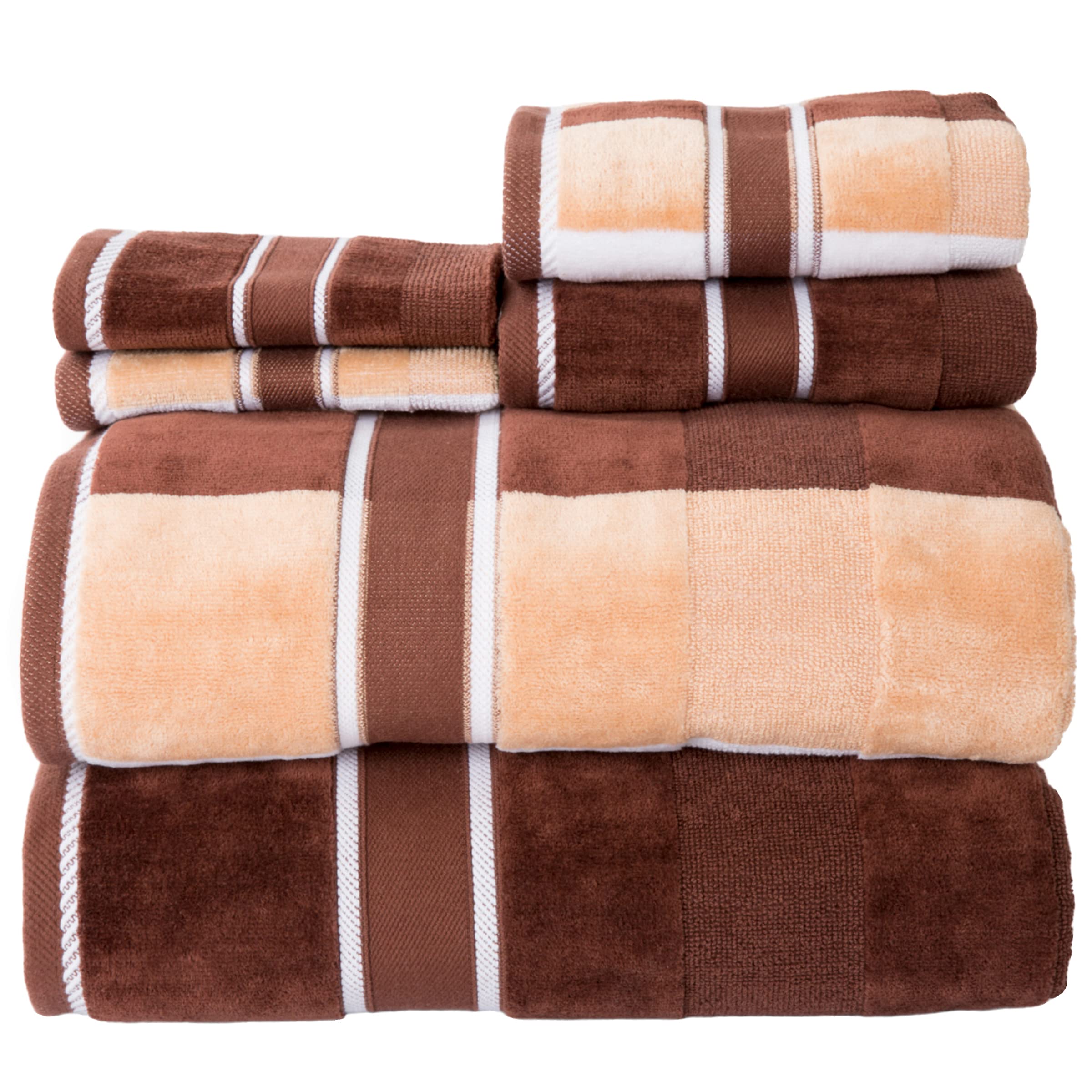 Lavish Home 6-Piece Cotton Velour Bath Towel Set - 2 Bath Towels, 2 Hand Towels, 2 Washcloths | Soft & Absorbent Oakville Beige Striped Design | Perfect for Bathroom, Spa & Guest Room Luxury