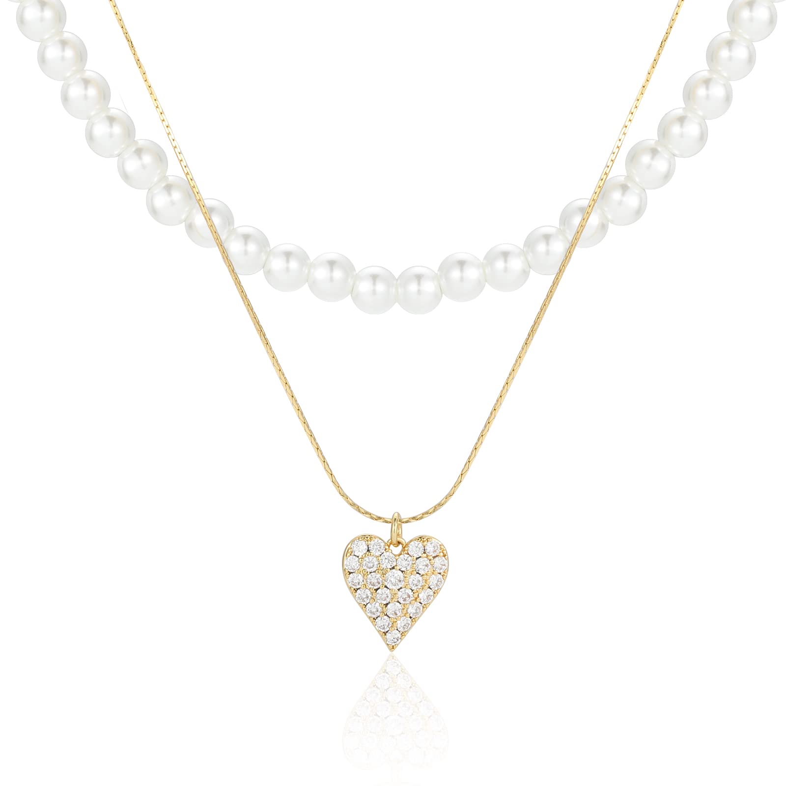 16K Gold Plated Layered Pearl Necklace for Women - Elegant Love Inlaid Zircon Pendant Choker Jewelry | Perfect for Date Night, Weddings & Special Occasions