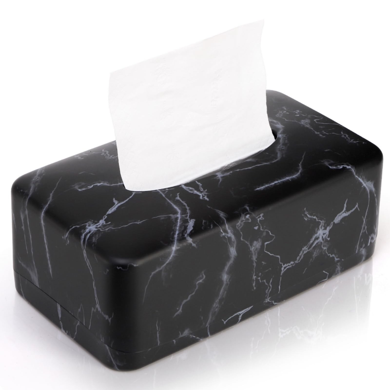 Black Faux Marble Tissue Box Cover - Rectangular Napkin Dispenser Holder for Facial Tissues, Dryer Sheets & Towels | Bathroom, Bedroom, Kitchen & Car Organization | Modern Home & Office Decor