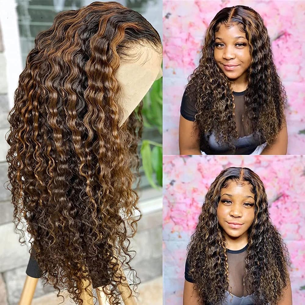 13x6 HD Transparent Lace Front Wig - 26inch Brazilian Deep Wave Human Hair Wig for Women | Pre Plucked Bleached Knots, Ombre T4/27 Color, Natural Curly Style | Perfect for Daily Wear, Cosplay & Special Occasions