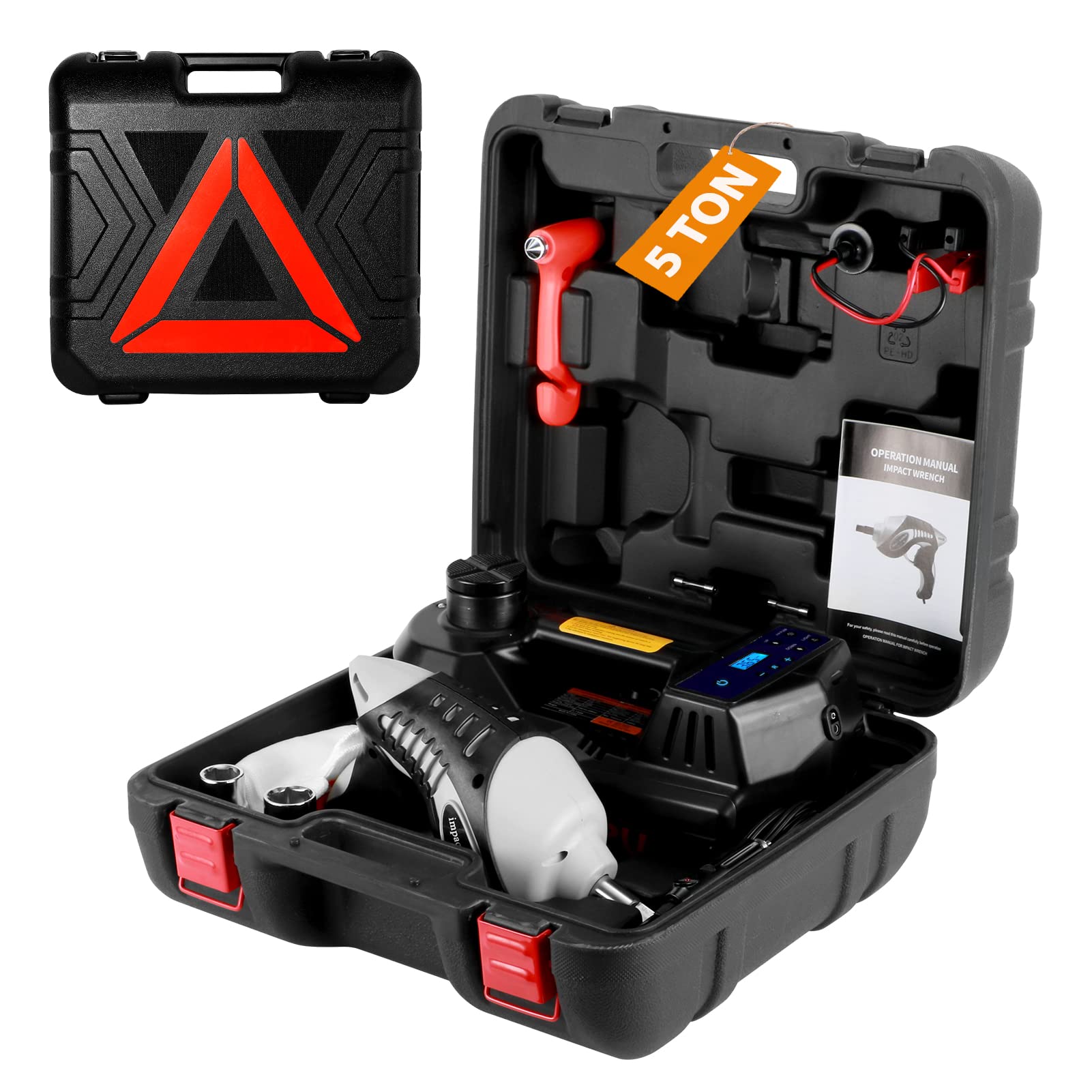 5 Ton Electric Car Hydraulic Jack with Touch Screen - 12V Heavy Duty Floor Jack for SUVs & Sedans | Includes Impact Wrench & Tire Inflator Pump | Perfect for Tire Changes, Emergency Roadside Repairs & Garage Maintenance (Black)