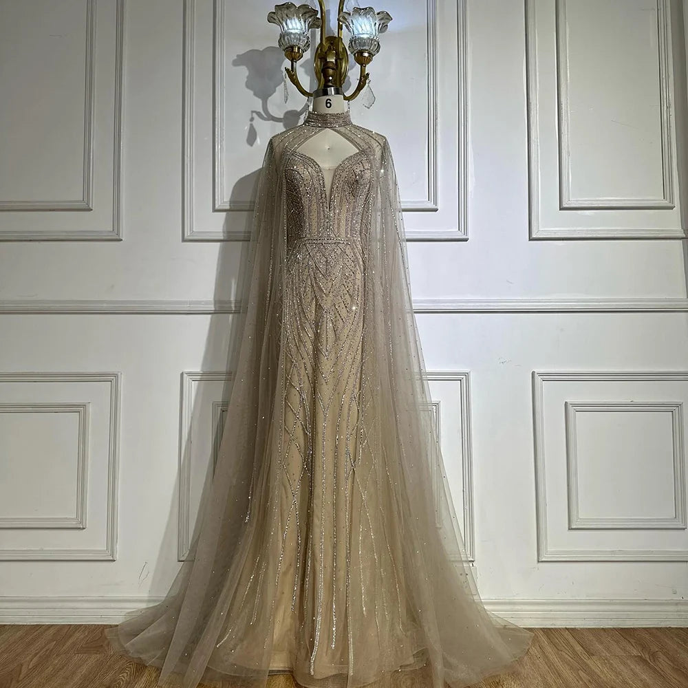 Luxury Dubai & Saudi Green Mermaid Evening Gown with Beaded Cape Sleeves - Arabic Formal Dress for Weddings, Galas & Special Occasions LA72838