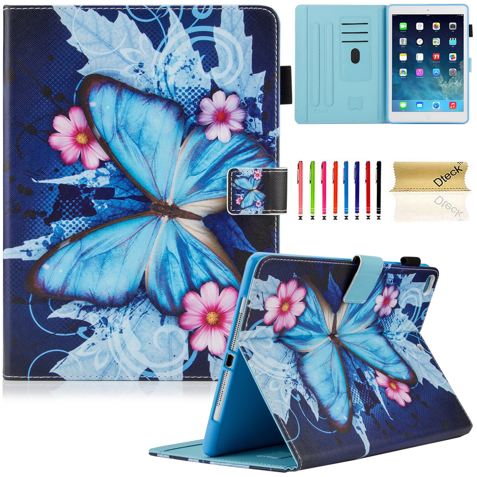 Premium PU Leather Folio Smart Cover with Auto Sleep/Wake Function - Wallet Stand Case for Apple iPad 9.7 inch (2018/2017/Air/Air 2) | Blue Butterfly Design | Perfect for Work, Travel & Home Use