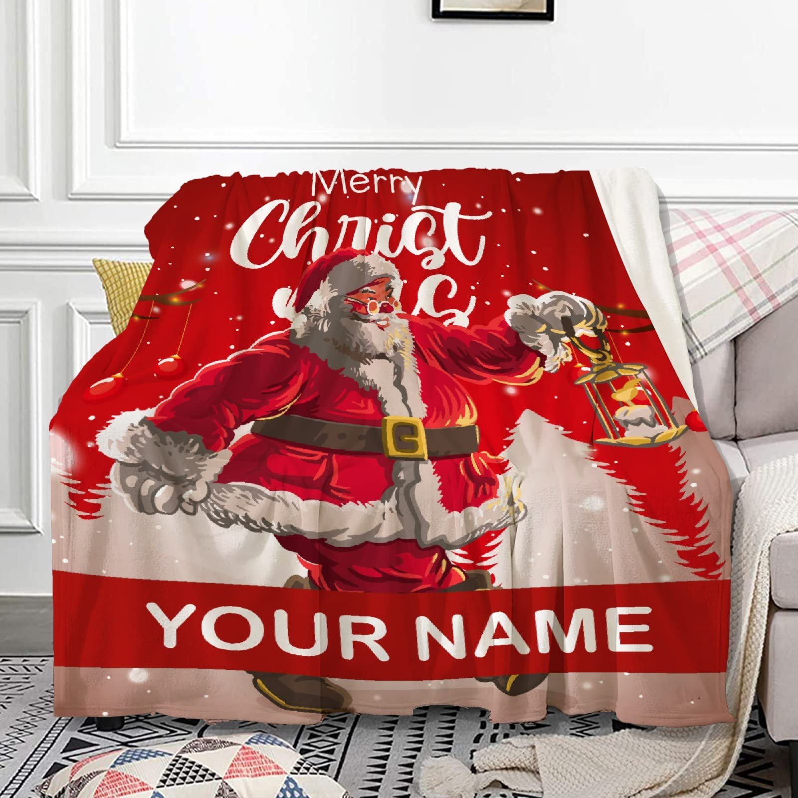 PEEKSTAR Personalized Santa Claus Christmas Throw Blanket - Custom Text & Name - Soft Fleece Blanket for Couch, Bed, Camping & Travel - Cozy Holiday Decor for Christmas Room & Home