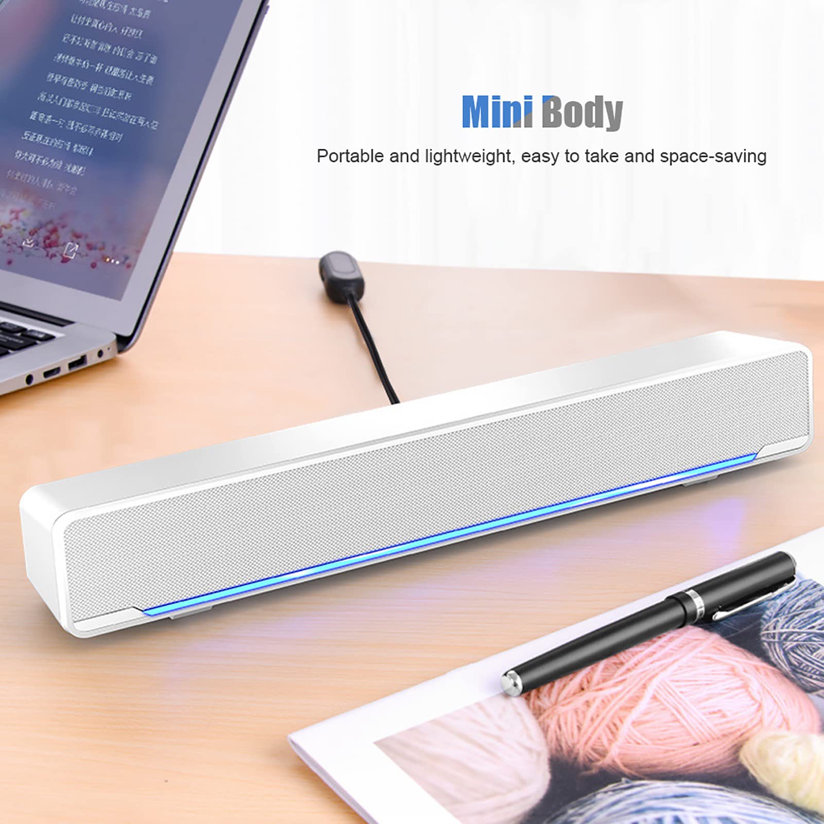 USB Powered Computer Soundbar with Dual Stereo Speakers, Wired Laptop Speaker Bar with 3.5mm Audio Plug & LED Lighting, Perfect for Gaming PC, Desktop Monitor, Laptop, Tablets - Ideal for Home Office, Streaming & Multimedia (White)