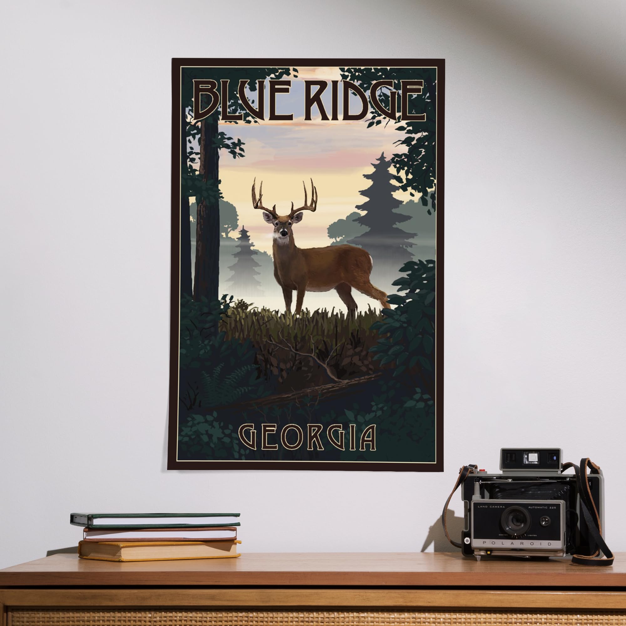 Lantern Press 16x24 Inch Giclee Art Print - Blue Ridge Georgia Landscape with Deer & Sunrise - Wall Decor for Living Room, Bedroom & Office