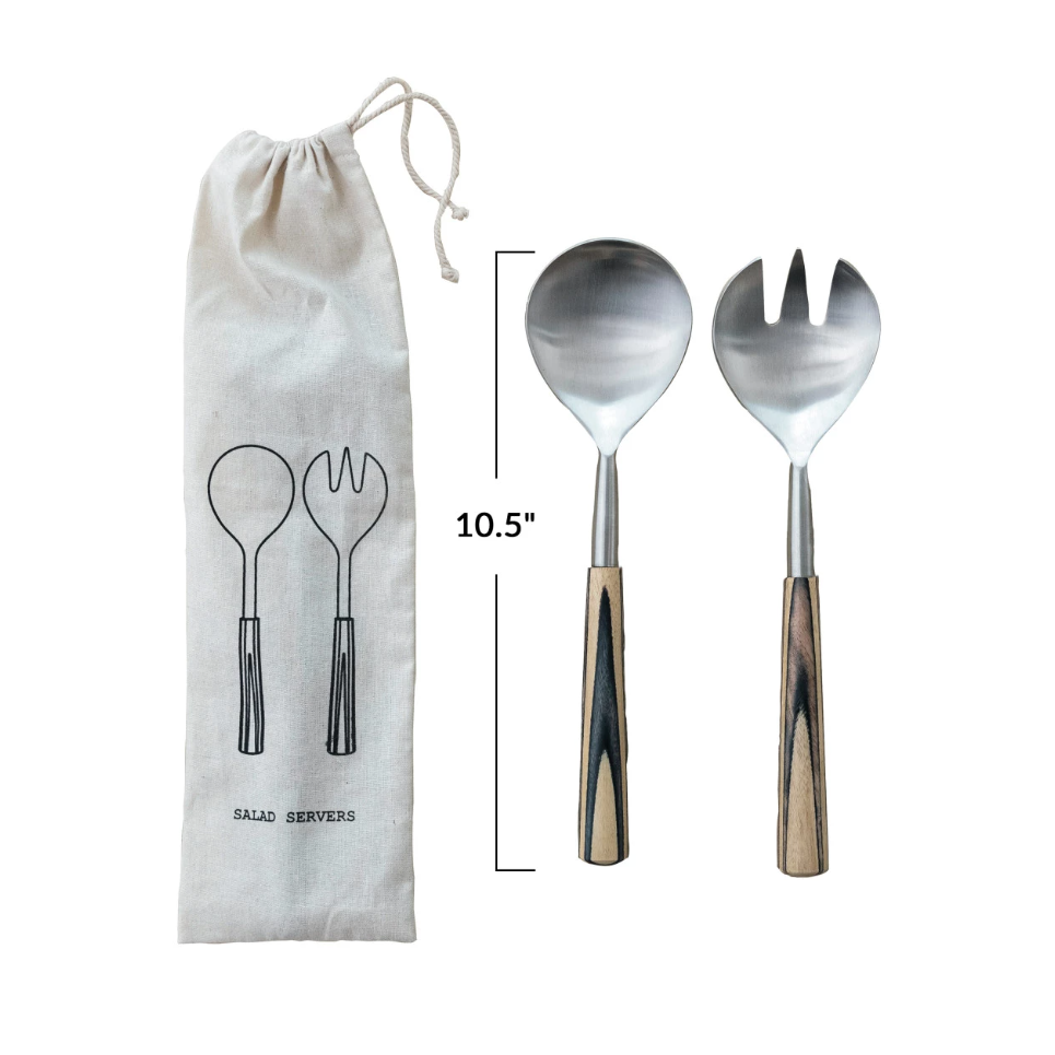 Premium Mango Wood & Stainless Steel Serving Utensils Set - 2 Piece Elegant Salad Servers for Dinner Parties, BBQs & Entertaining