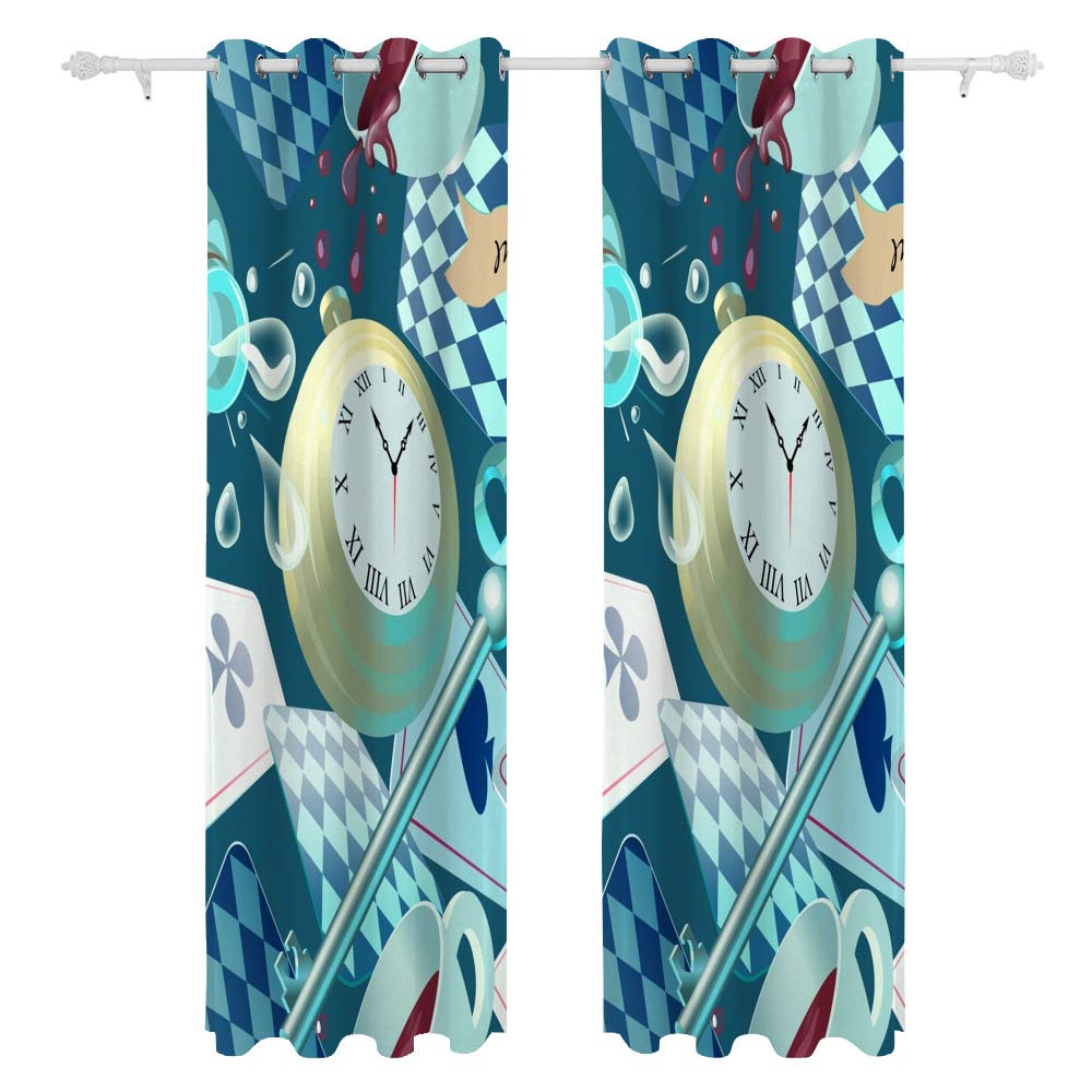 Kuizee Blackout Curtains 84x55 Inch - Sun Blocking Thermal Insulated Grommet Top Panels for Living Room & Bedroom | Alice in Wonderland Pocket Watch Key Design | All Season Home Decor for Better Sleep & Energy Savings