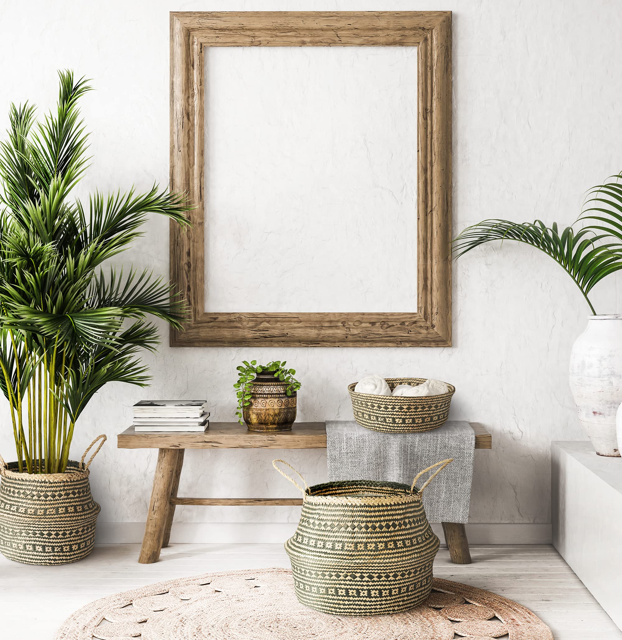 Artera Woven Seagrass Plant Basket with Plastic Liner - Natural Wicker Planter with Handles for Indoor Plants Like Fiddle Leaf Fig, Snake Plant & Monstera | Perfect for Home Decor, Living Room, Bedroom or Office (Medium, Black Striped)