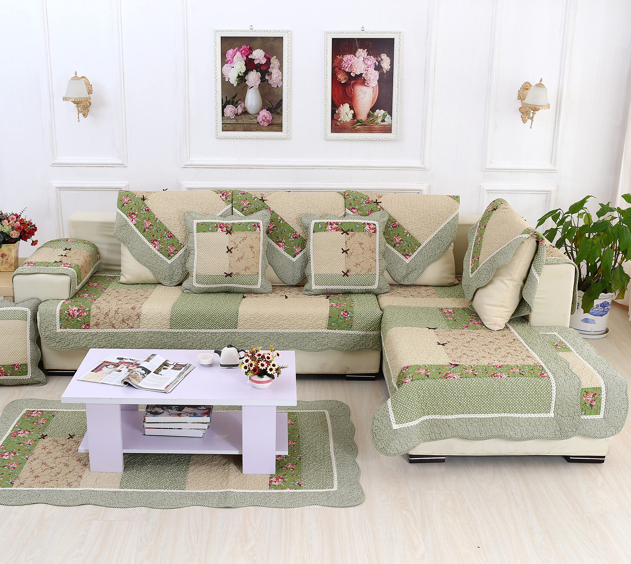 VCTOPS Bohemian Cotton Quilted Sectional Sofa Cover with Lace Trim - Floral Plaid Patchwork Couch Protector, Non-Slip & Ultra Soft Slipcover for Pets & Kids (Green, 36x36 Inches) - Perfect for Living Room, Bedroom & Home Decor