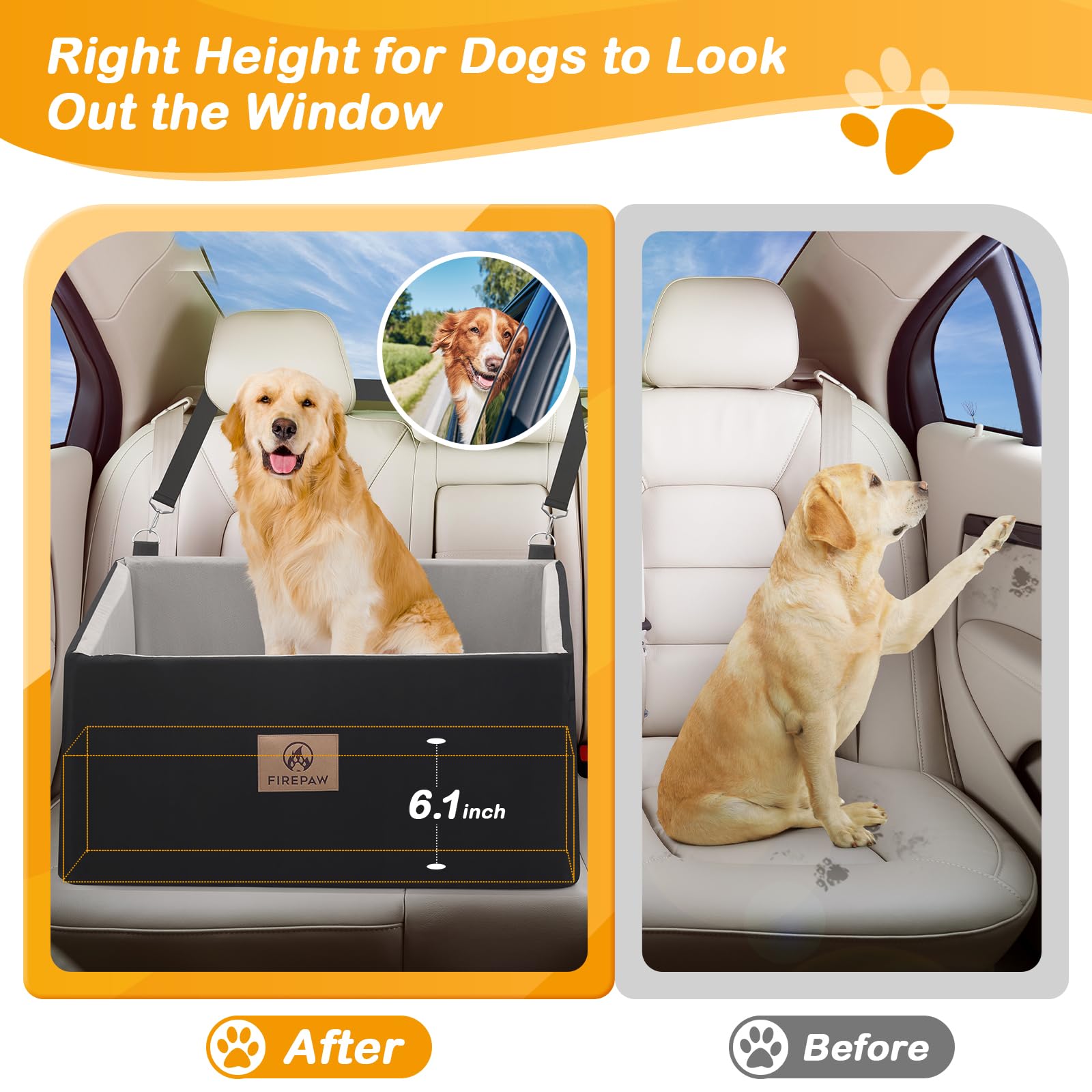 Premium Dog Car Seat for Large Dogs - Elevated Pet Booster Seat for Dogs Under 55Lbs or 2 Small Dogs - Detachable Washable Car Dog Bed with Thick Cushion & Storage Pockets (Black) - Perfect for Road Trips, Vet Visits & Daily Commutes