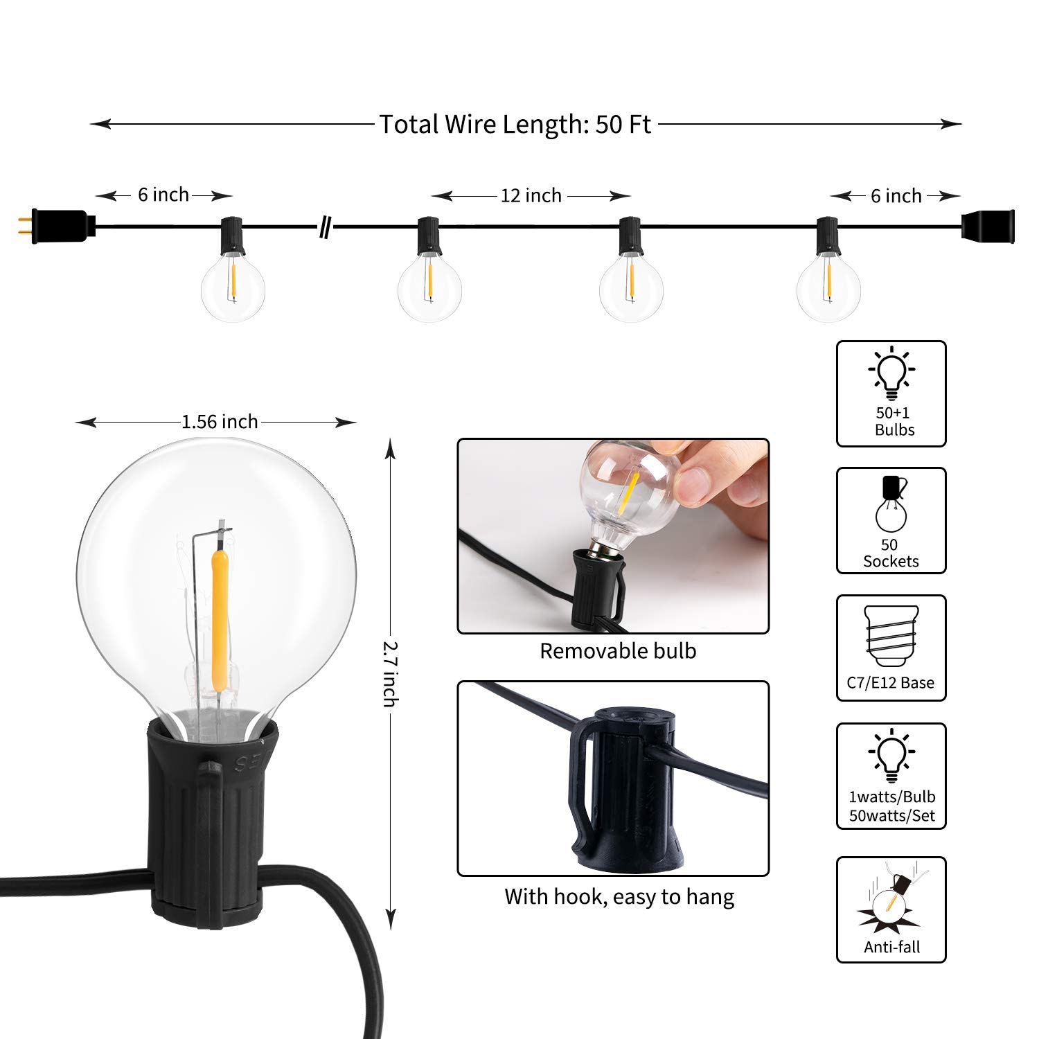 50 G40 Shatterproof Bulb Outdoor String Lights - IP44 Waterproof Connectable Hanging Globe Patio Lights (Includes 2 Spare Bulbs) for Indoor & Outdoor Decor - Perfect for Backyard, Garden, Wedding, and Party Lighting