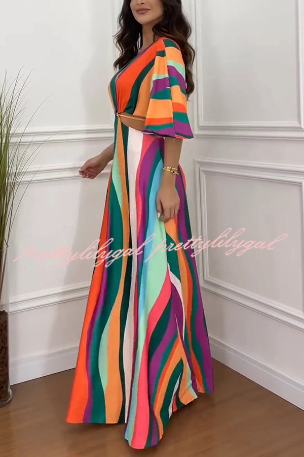 Wilma Unique Print Cutout Elastic Waist Tie Up Kimono Sleeve Maxi Dress - Women's Flowy Summer Beach Cover Up Dress for Vacation, Party & Boho Fashion