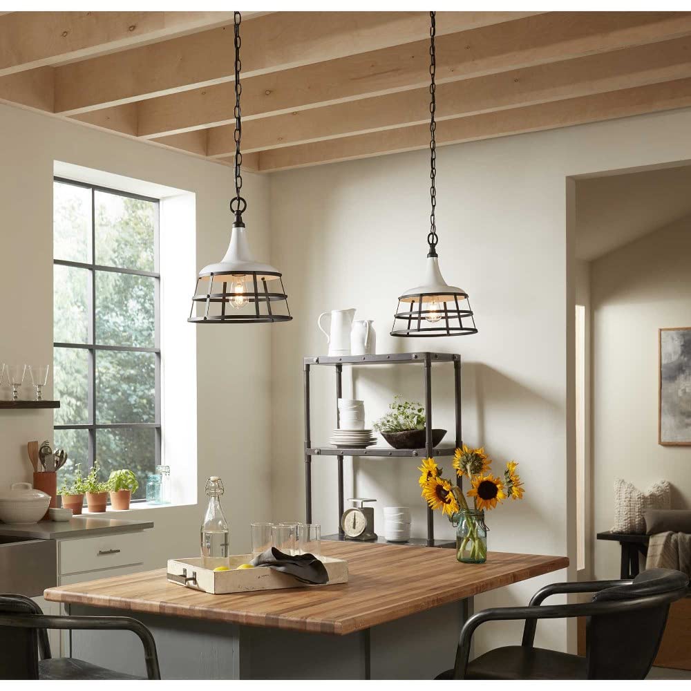 Progress Lighting Bastille Collection White One-Light Pendant - Modern Farmhouse Ceiling Light for Kitchen Island, Dining Room & Entryway