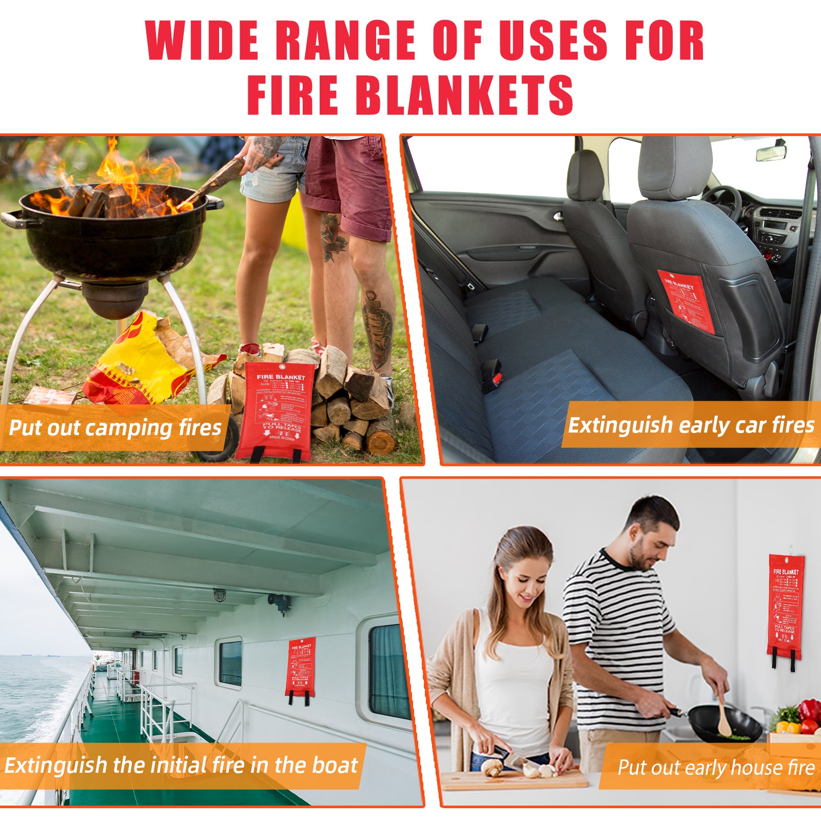 WETENE Fire Blanket Emergency - 4 Pack Fireproof Blanket for Kitchen, Camping, Grill, Car, Office & More | Fire Retardant Safety Blanket for Home, School, Warehouse & Outdoor Use - Perfect for Cooking, BBQ, Fireplace & Emergency Situations