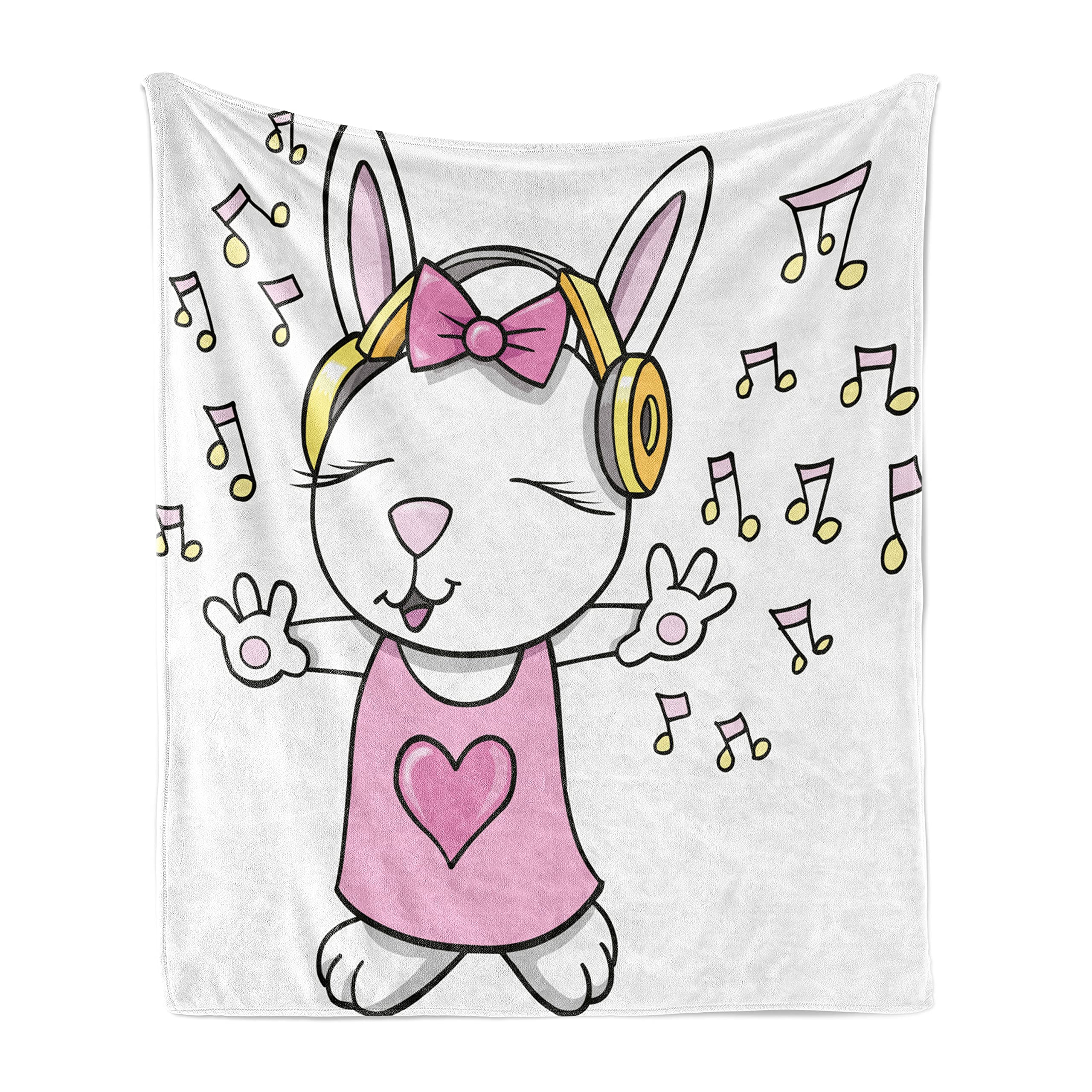 Ambesonne Bunny Throw Blanket - Rock Star Rabbit with Speakers, Music Notes, and Heart Cartoon Design - Soft Flannel Fleece Couch Cover for Adults, 70