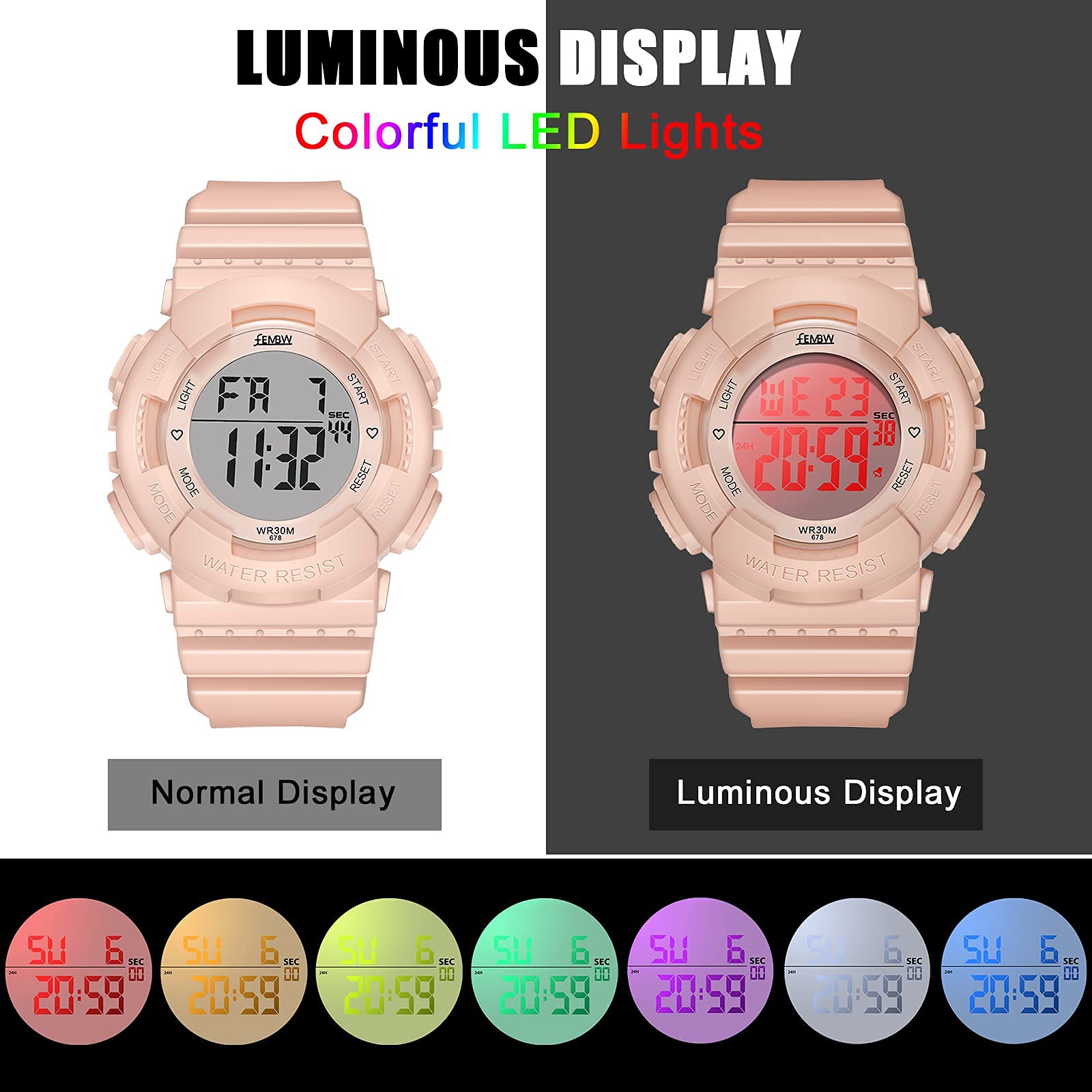 Kids Digital Sports Watch - 7-Color Backlight, Alarm, Stopwatch | Waterproof for Swimming & Outdoor Activities