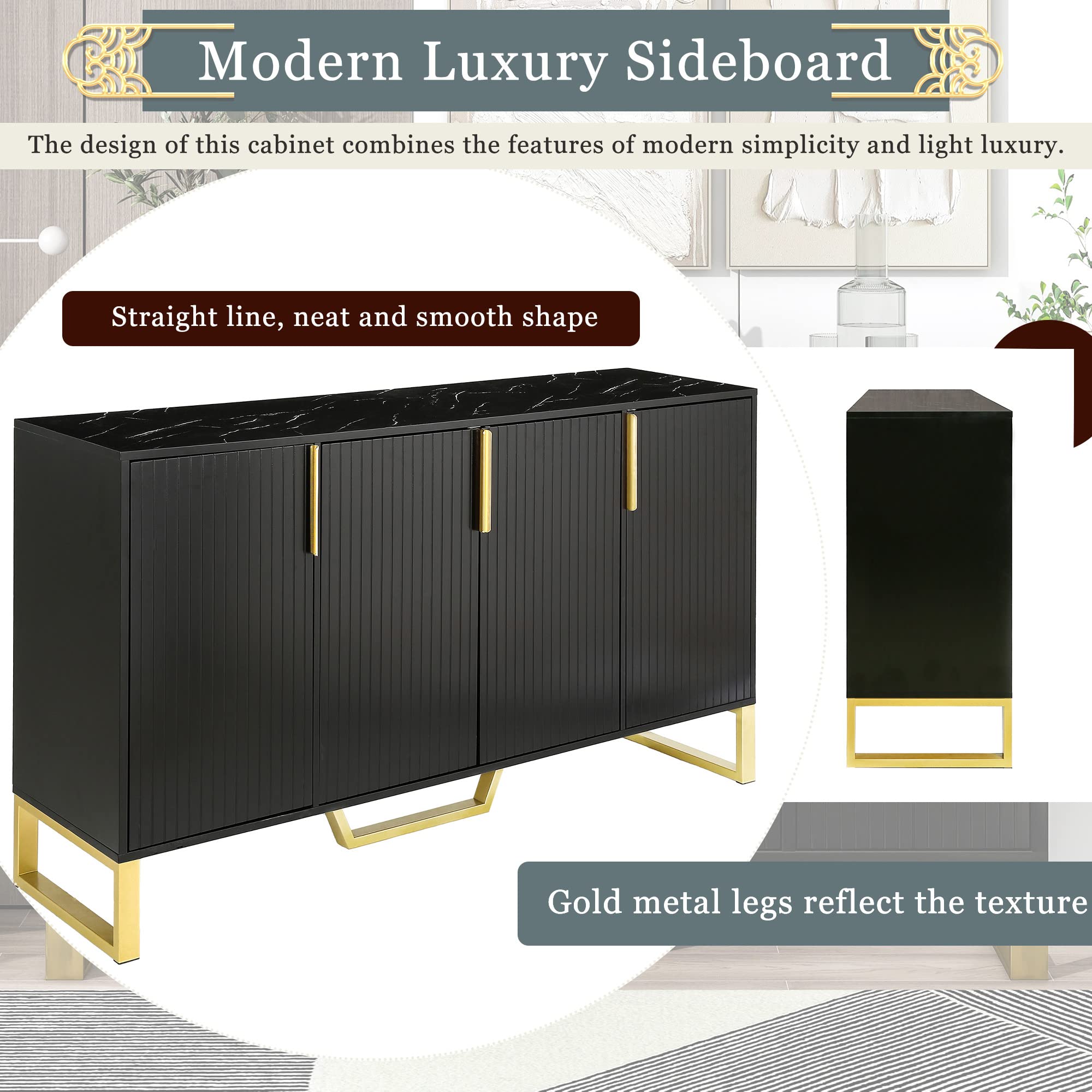 Modern 4-Door Sideboard Buffet Cabinet with Adjustable Shelves - Solid Wood Kitchen Storage Credenza for Dining Room & Kitchen Organization - Perfect for Entertaining, Storing Dishes, and Displaying Decor