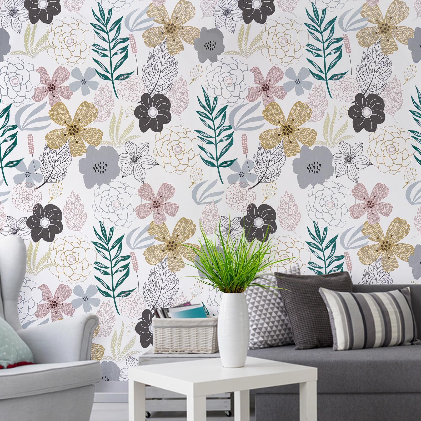 Floral Peel and Stick Wallpaper - Pink Perennial Blooms Self-Adhesive Vinyl, 17.71'' x 118'' Removable Waterproof Contact Paper for Bathroom, Cabinet & Home Decor | Easy DIY Wall Covering for Bedroom, Kitchen Backsplash & Furniture Makeover
