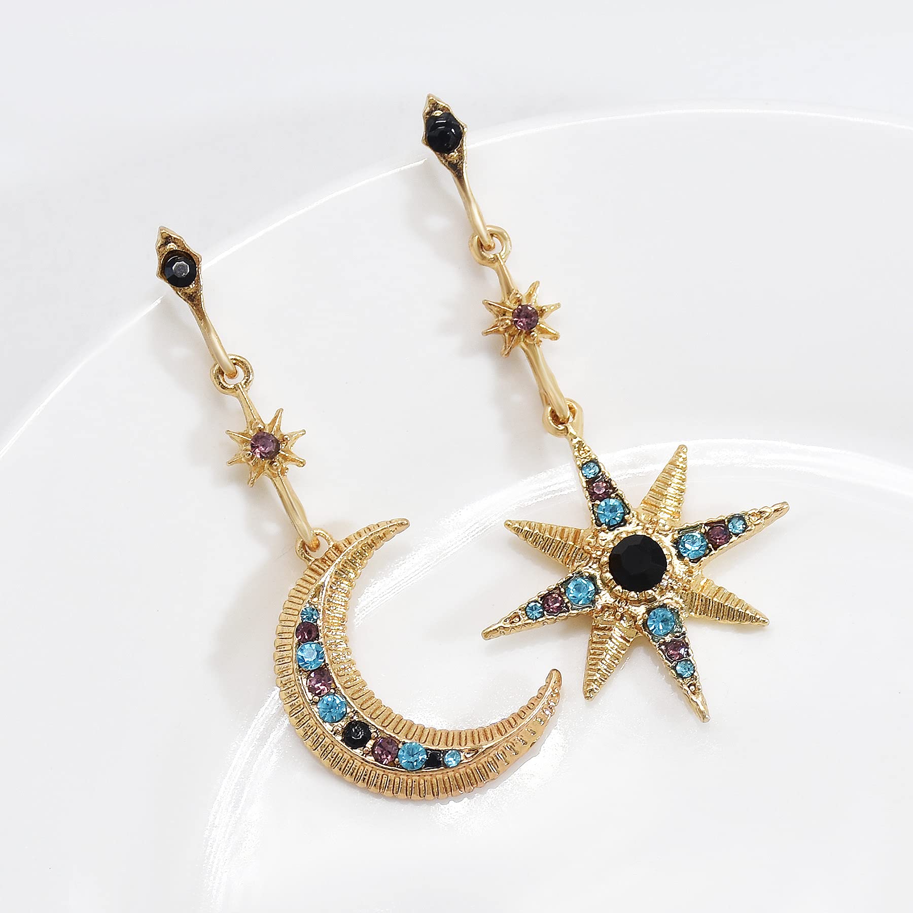 Celestial Boho Moon and Sun Drop Dangle Earrings - Rhinestone Crystal Moonstone Crescent Star Long Stud Earrings for Women | Perfect for Christmas Gifts, Boho Fashion & Festival Jewelry