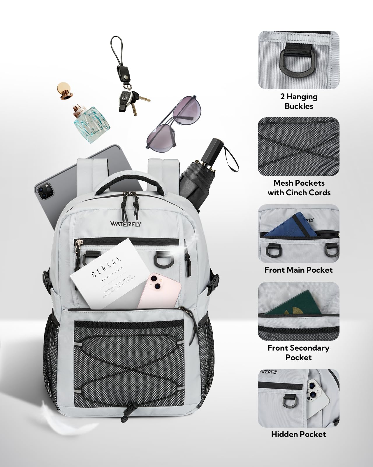**WATERFLY 22L Light Gray Travel Backpack for Hiking, Commuting & College - Durable Daypack with Multiple Compartments for Men & Women - Perfect for Outdoor Adventures, Airplane Carry-On & Everyday Use**