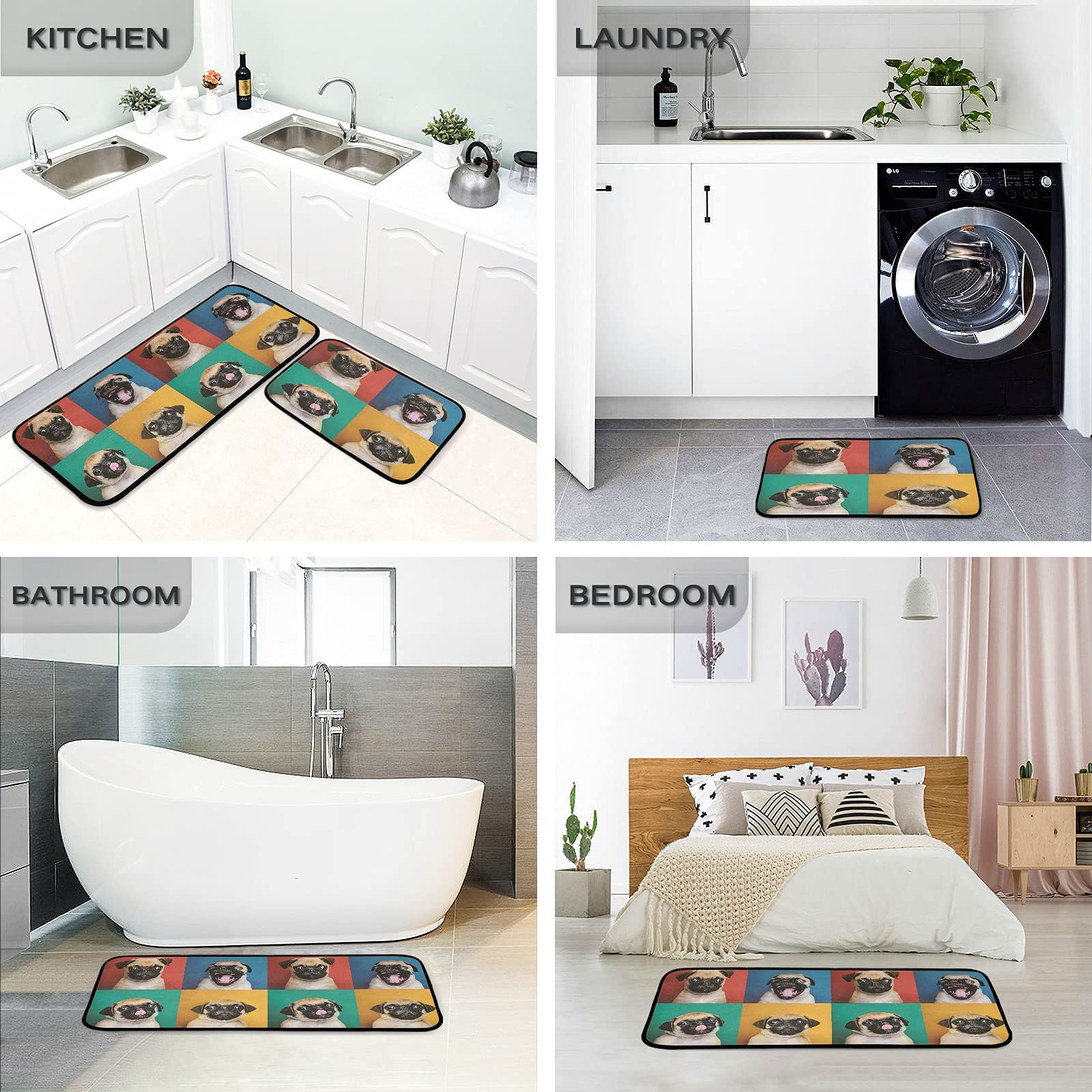 Funny Pug Kitchen Mat Set of 2 - Anti-Fatigue Non-Slip Washable Memory Foam Rugs - Cushioned Standing Mat for Office, Desk, Sink & Laundry - Perfect Home Decor for Dog Lovers & Pet Owners