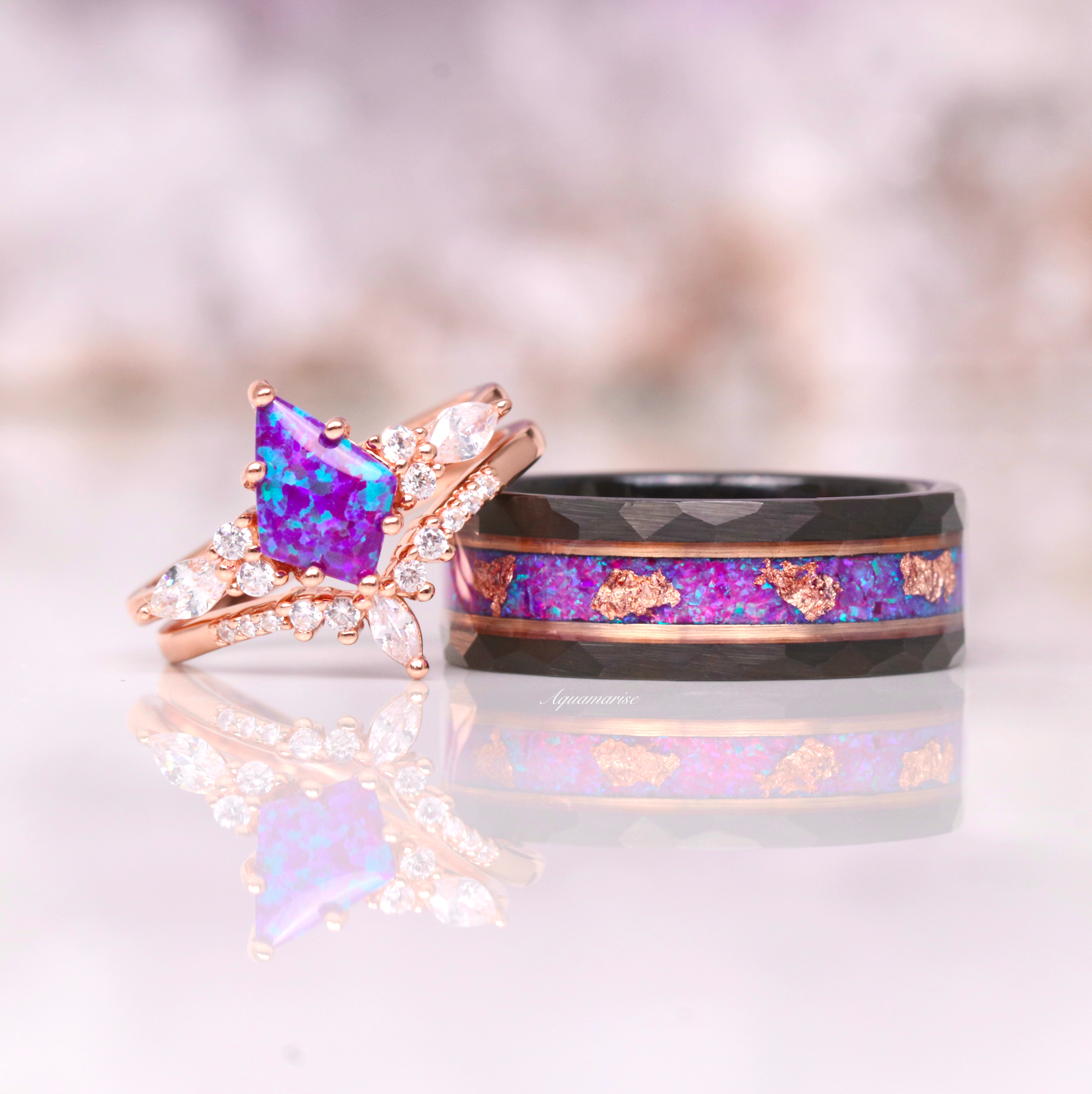 Skye Kite™ 14K Rose Gold Vermeil Lavender Fire Opal Ring Set for Women - Elegant Stackable Rings for Wedding, Anniversary & Everyday Jewelry Gifts