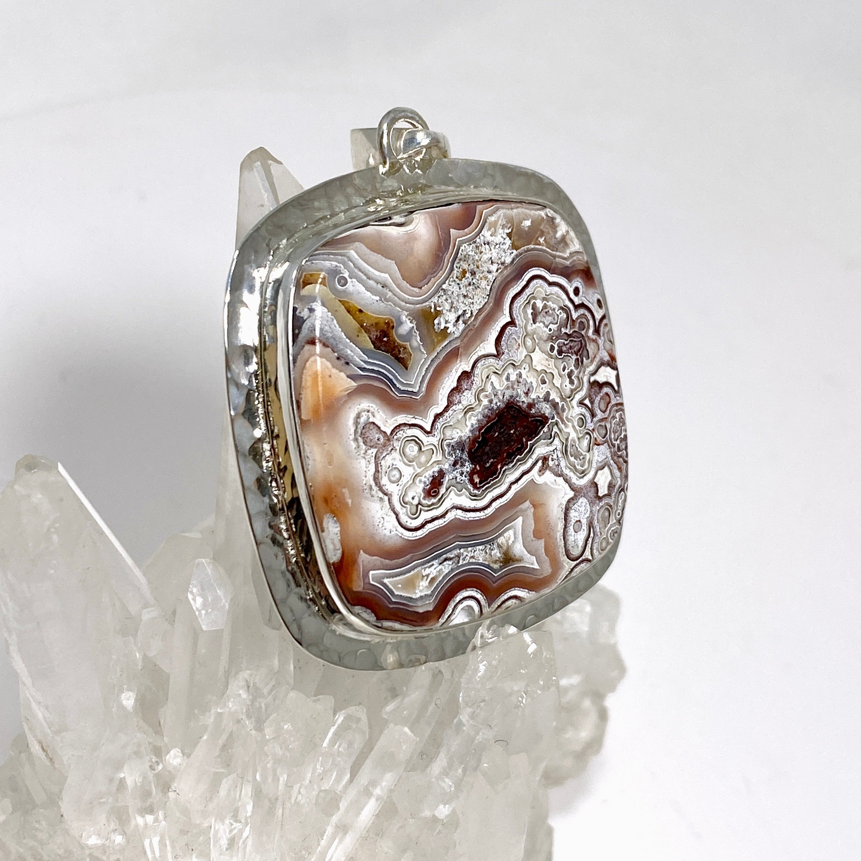 Mexican Crazy Lace Agate Square Pendant - Handcrafted Hammered Silver Jewelry KPGJ4575 | Perfect for Boho Chic Outfits & Spiritual Healing