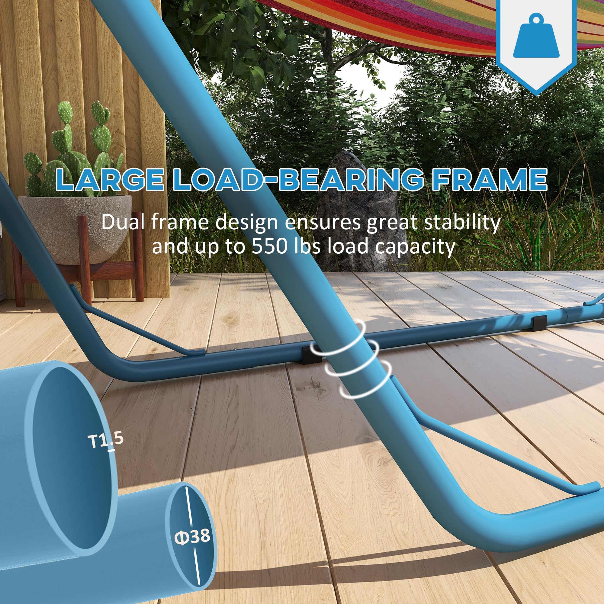 Outsunny 2-Person Portable Hammock Stand - Adjustable Steel Frame with Weather-Resistant Finish for 9-14ft Hammocks (550 lbs Capacity, Blue) - Perfect for Backyard, Patio, Camping & Beach Relaxation